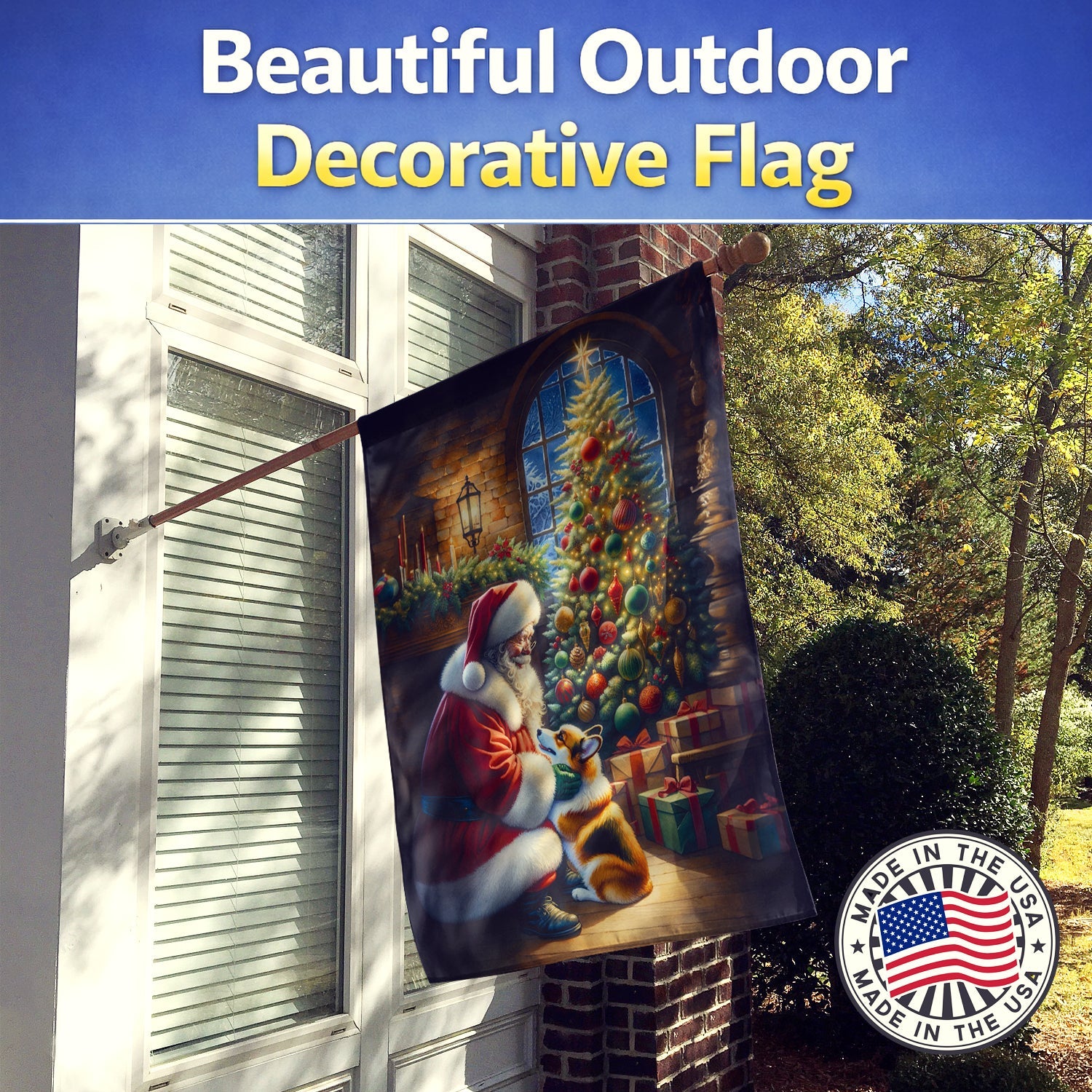Corgi and Santa Claus House Flag 28x40 Porch Sleeve Pole Decorative Outside Yard Banner Artwork Wall Hanging, Polyester