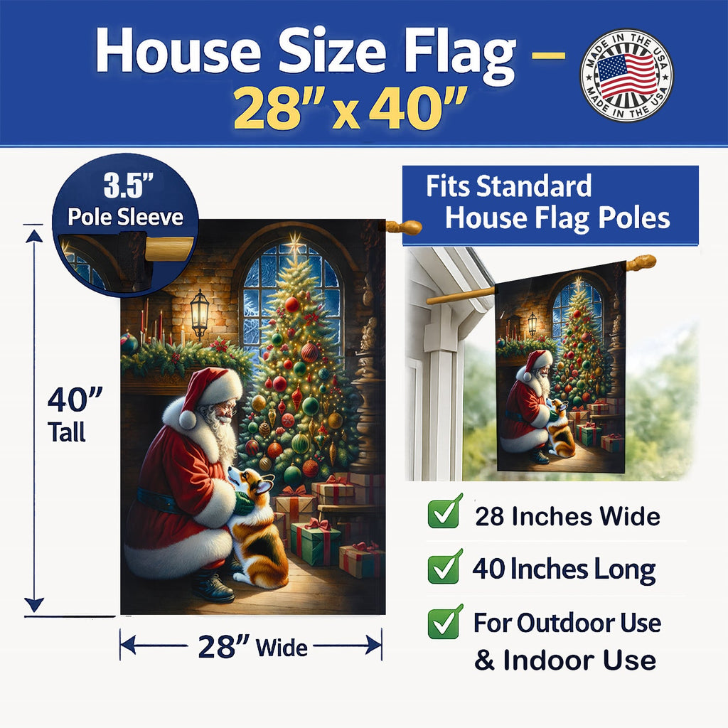 Corgi and Santa Claus House Flag 28x40 Porch Sleeve Pole Decorative Outside Yard Banner Artwork Wall Hanging, Polyester