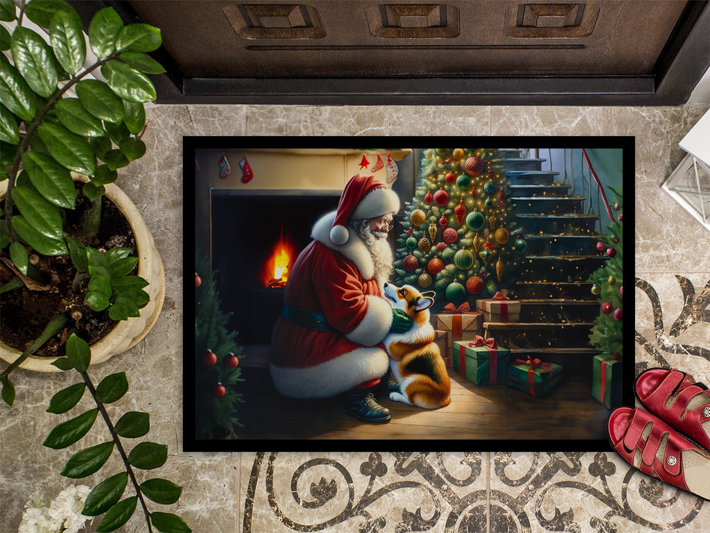 Corgi and Santa Claus Doormat Indoor Outdoor 24H X 36W Front Door Mat Rugs for Entryway, Non Slip Washable Low Pile,