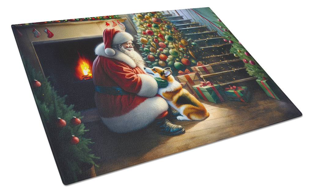 Corgi and Santa Claus Cutting Board Tempered Glass Kitchen Cutting Surface, Heat Resistant Chopping, Non-Slip Feet, Food Prep & Serving