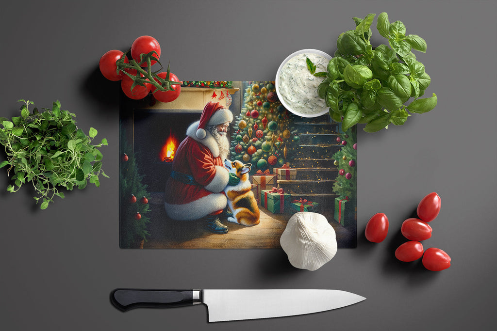 Corgi and Santa Claus Cutting Board Tempered Glass Kitchen Cutting Surface, Heat Resistant Chopping, Non-Slip Feet, Food Prep & Serving