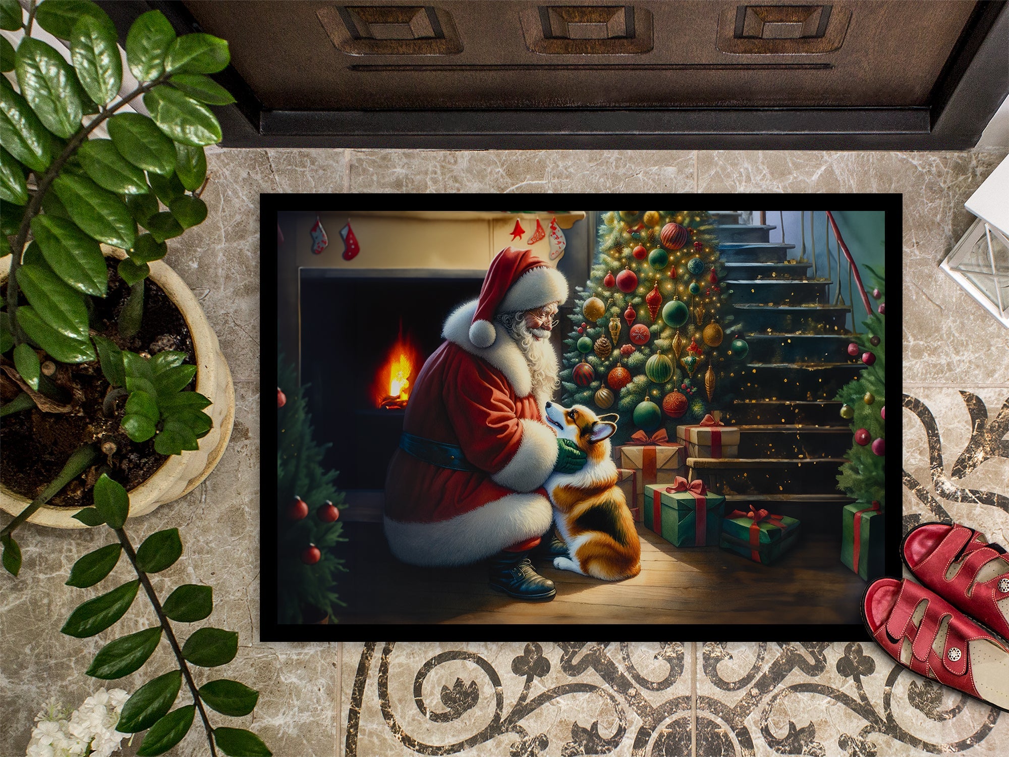 Corgi and Santa Claus Doormat Indoor Outdoor 18H X 27W Front Door Mat Rugs for Entryway, Non Slip Washable