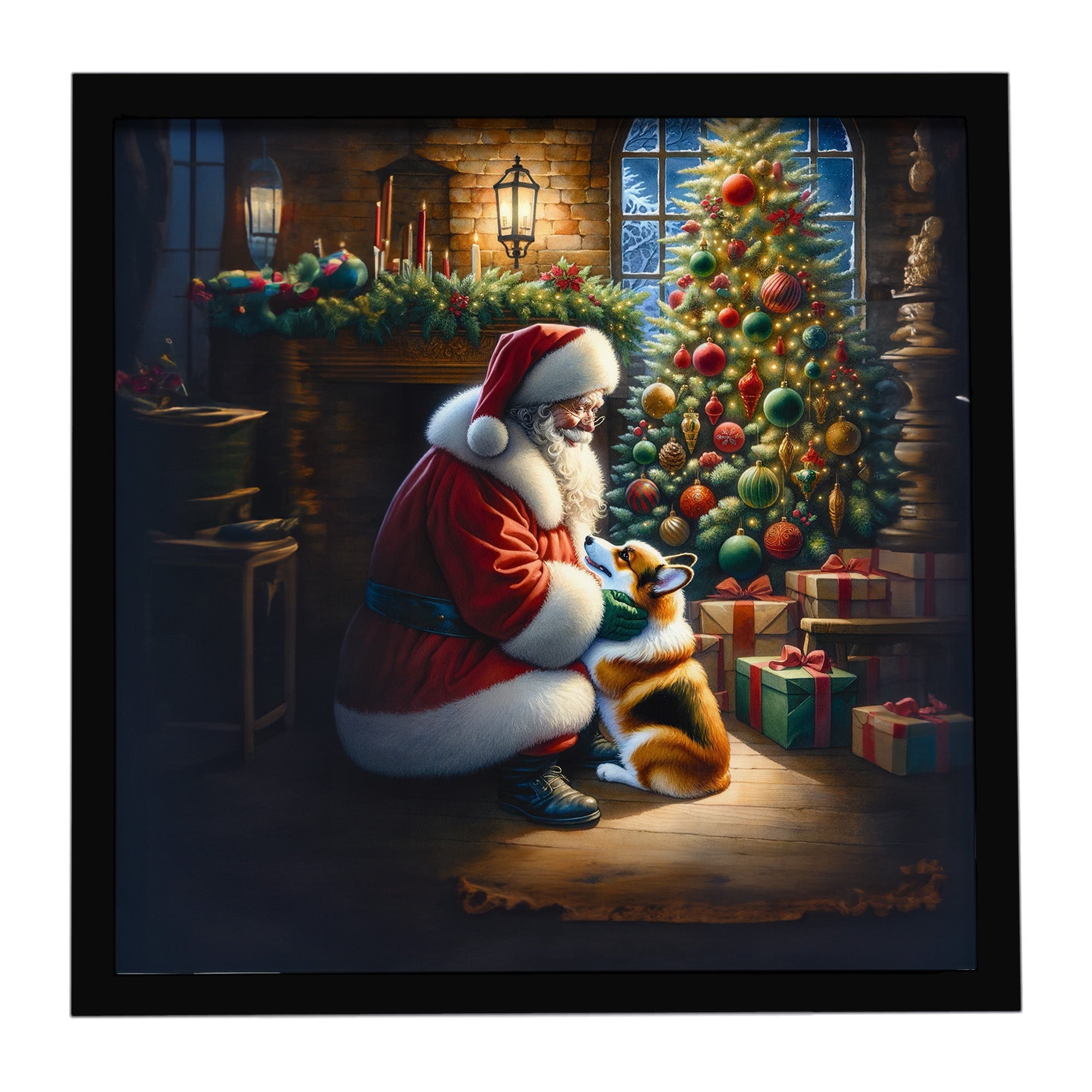 Corgi and Santa Claus Framed Metal Print Bathroom, Kitchen, Office, Home Decor Wall Art Ready to Hang, Square, 8X8