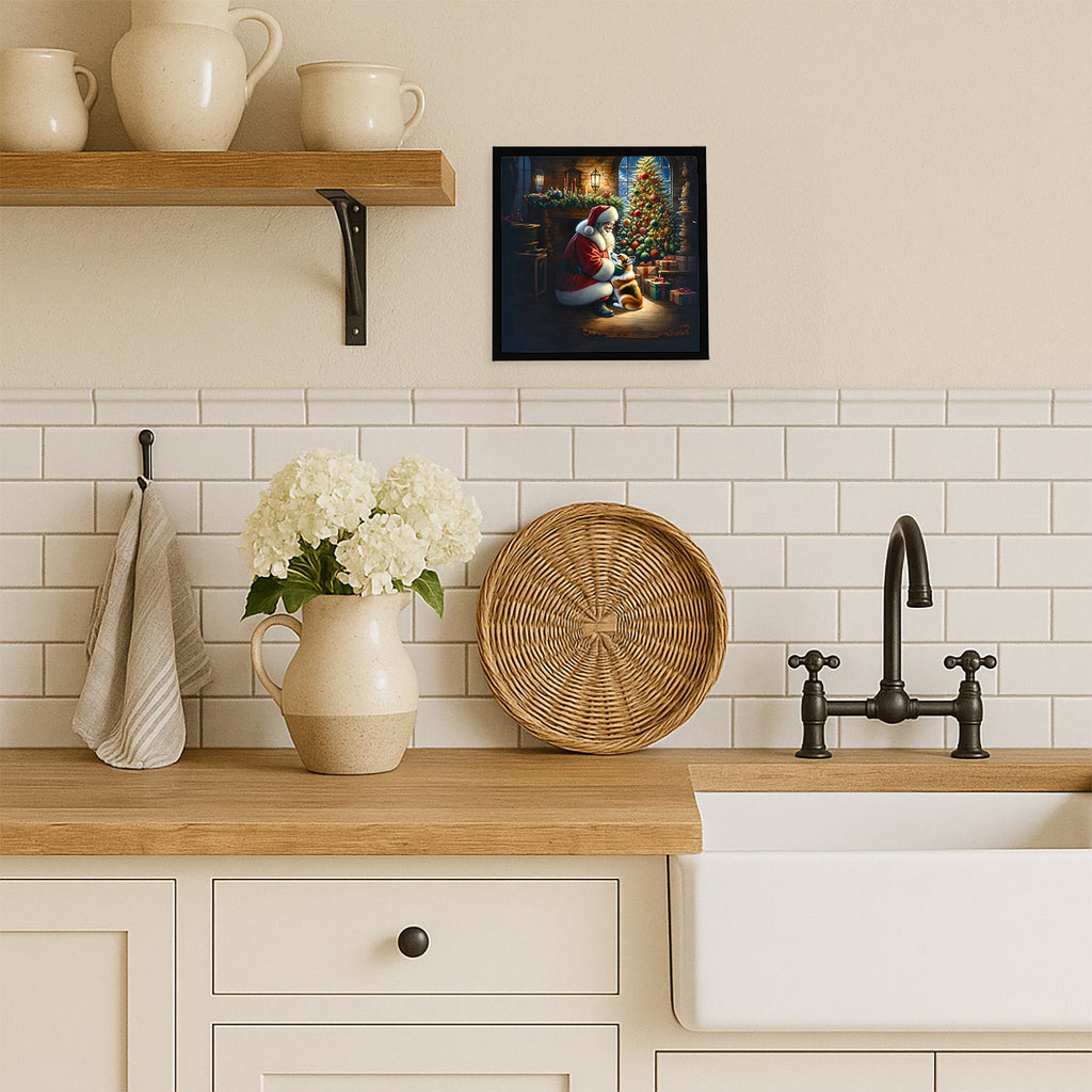 Corgi and Santa Claus Framed Metal Print Bathroom, Kitchen, Office, Home Decor Wall Art Ready to Hang, Square, 8X8
