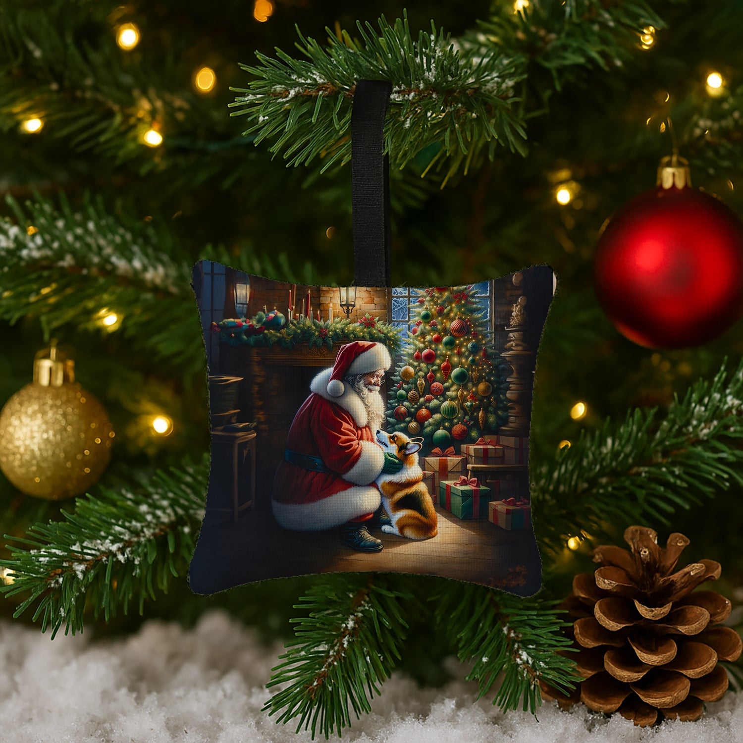 Corgi and Santa Claus Hanging Square Fabric Ornament 3.5 × 3.5 Decorative Door-Knob & Tree Hanger, Soft Fabric