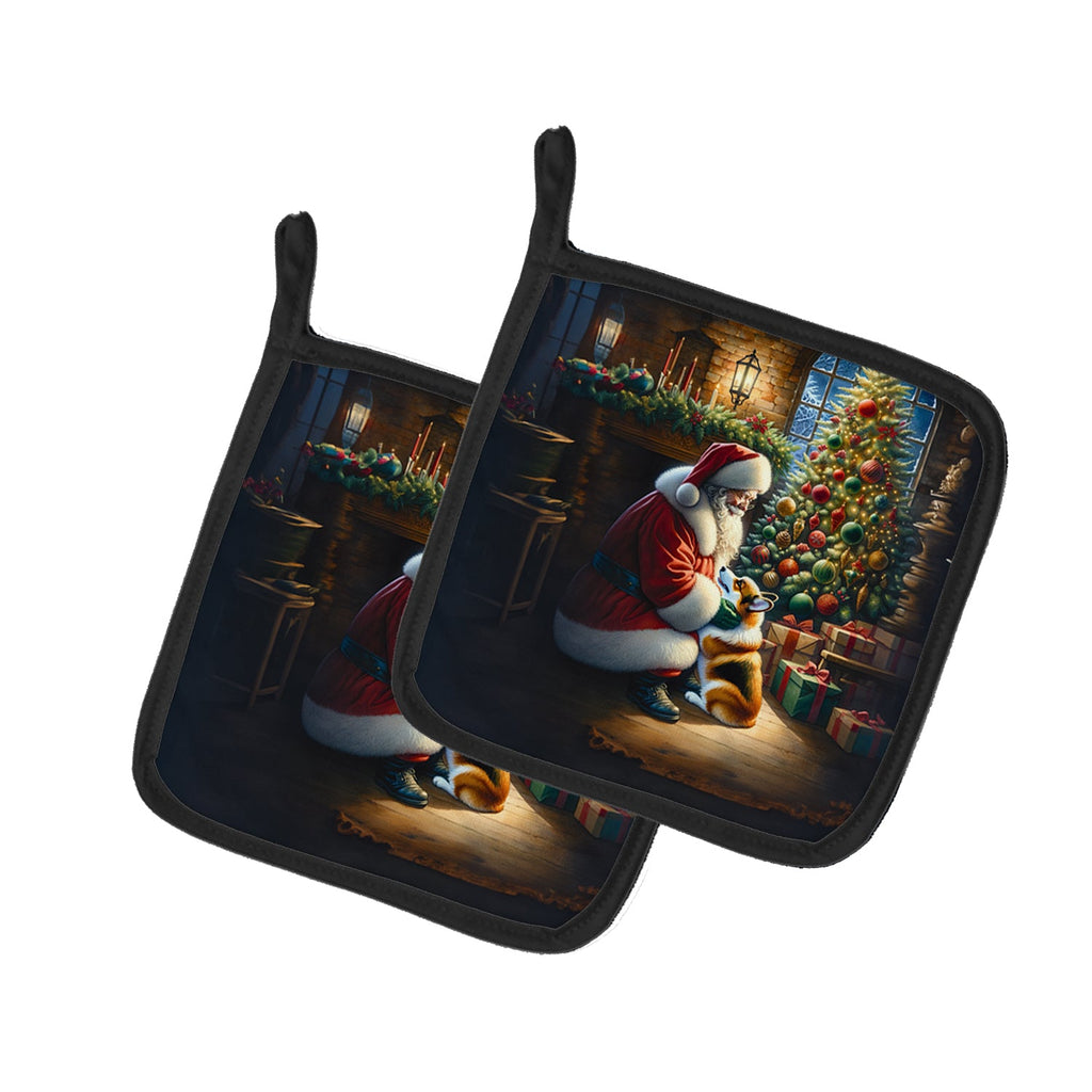 Corgi and Santa Claus Pot Holder Set of 2 Heat Resistant Quilted Hot Pads 7.5 x 7.5 Inch, Insulated Kitchen Trivets for Cooking & Baking