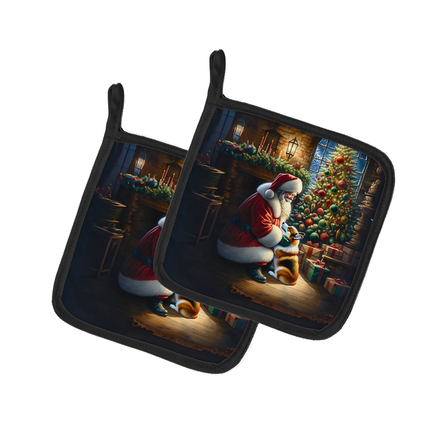 Corgi and Santa Claus Pot Holder Set of 2 Heat Resistant Quilted Hot Pads 7.5 x 7.5 Inch, Insulated Kitchen Trivets for Cooking & Baking