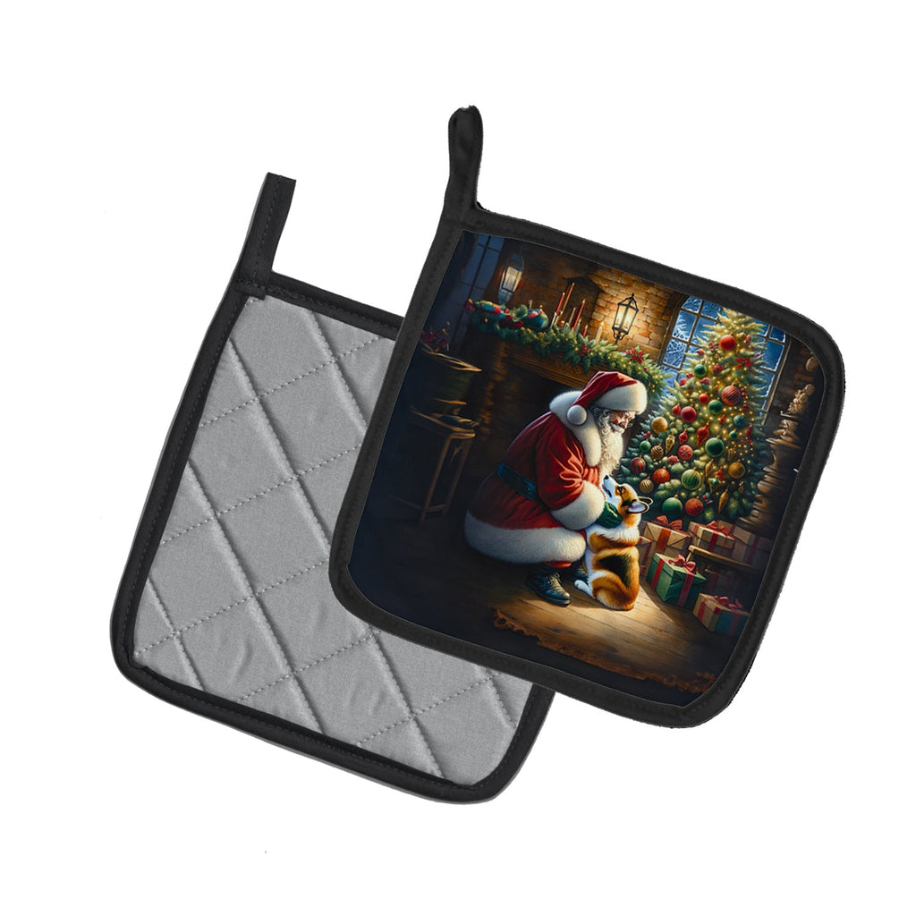 Corgi and Santa Claus Pot Holder Set of 2 Heat Resistant Quilted Hot Pads 7.5 x 7.5 Inch, Insulated Kitchen Trivets for Cooking & Baking