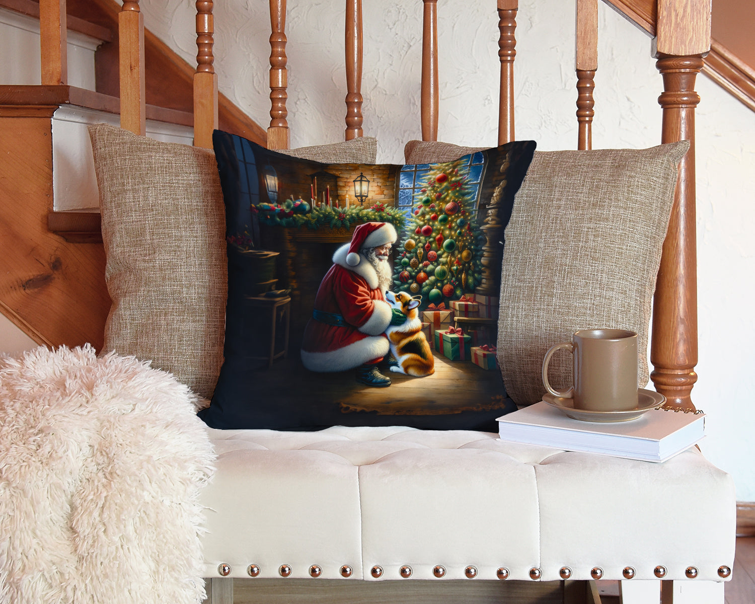 Corgi and Santa Claus Decorative Throw Pillow 14x14 Indoor Outdoor Accent Cushion, Fabric Cover with Insert for Sofa, Bed, Porch & Living Room