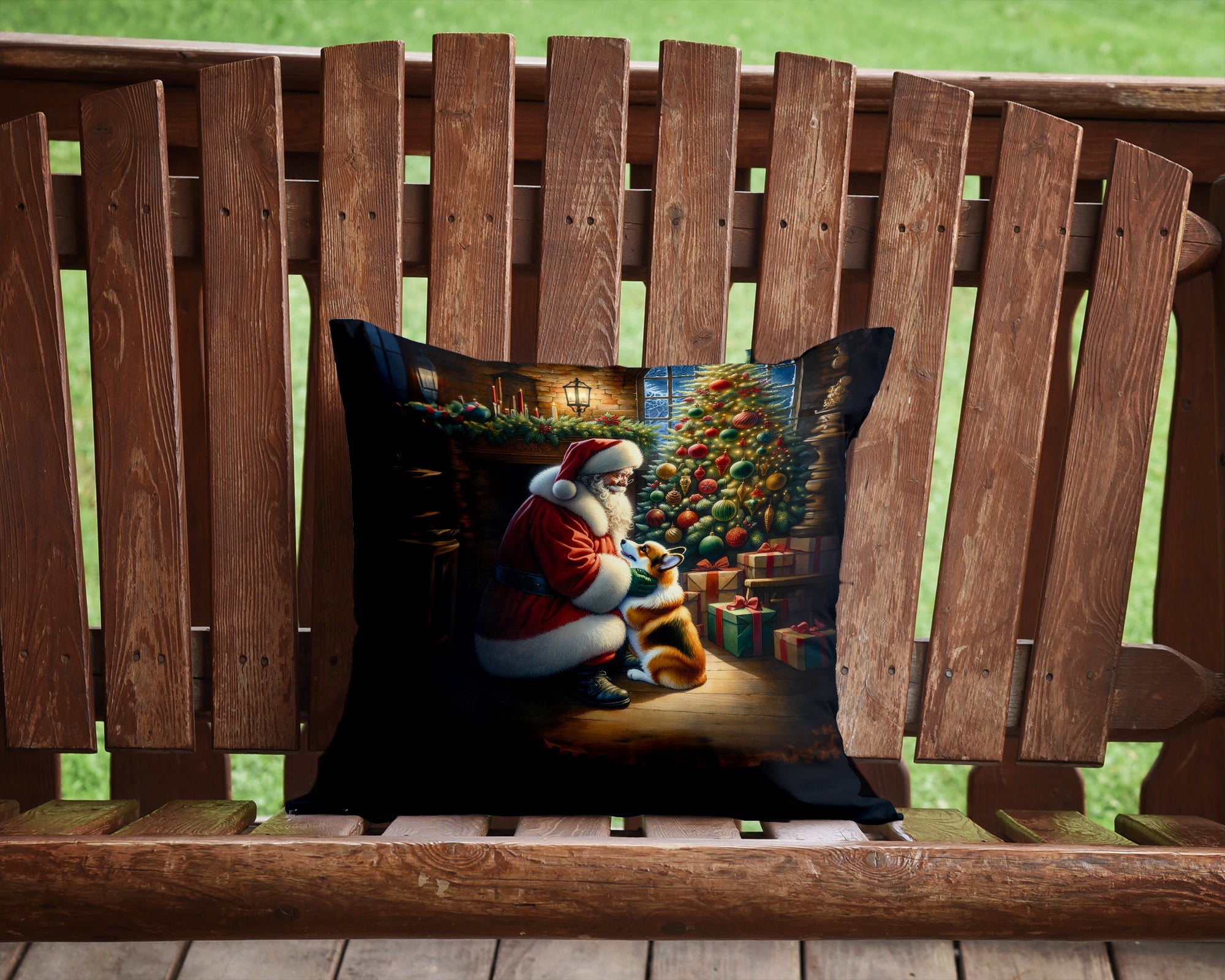 Corgi and Santa Claus Decorative Throw Pillow 14x14 Indoor Outdoor Accent Cushion, Fabric Cover with Insert for Sofa, Bed, Porch & Living Room