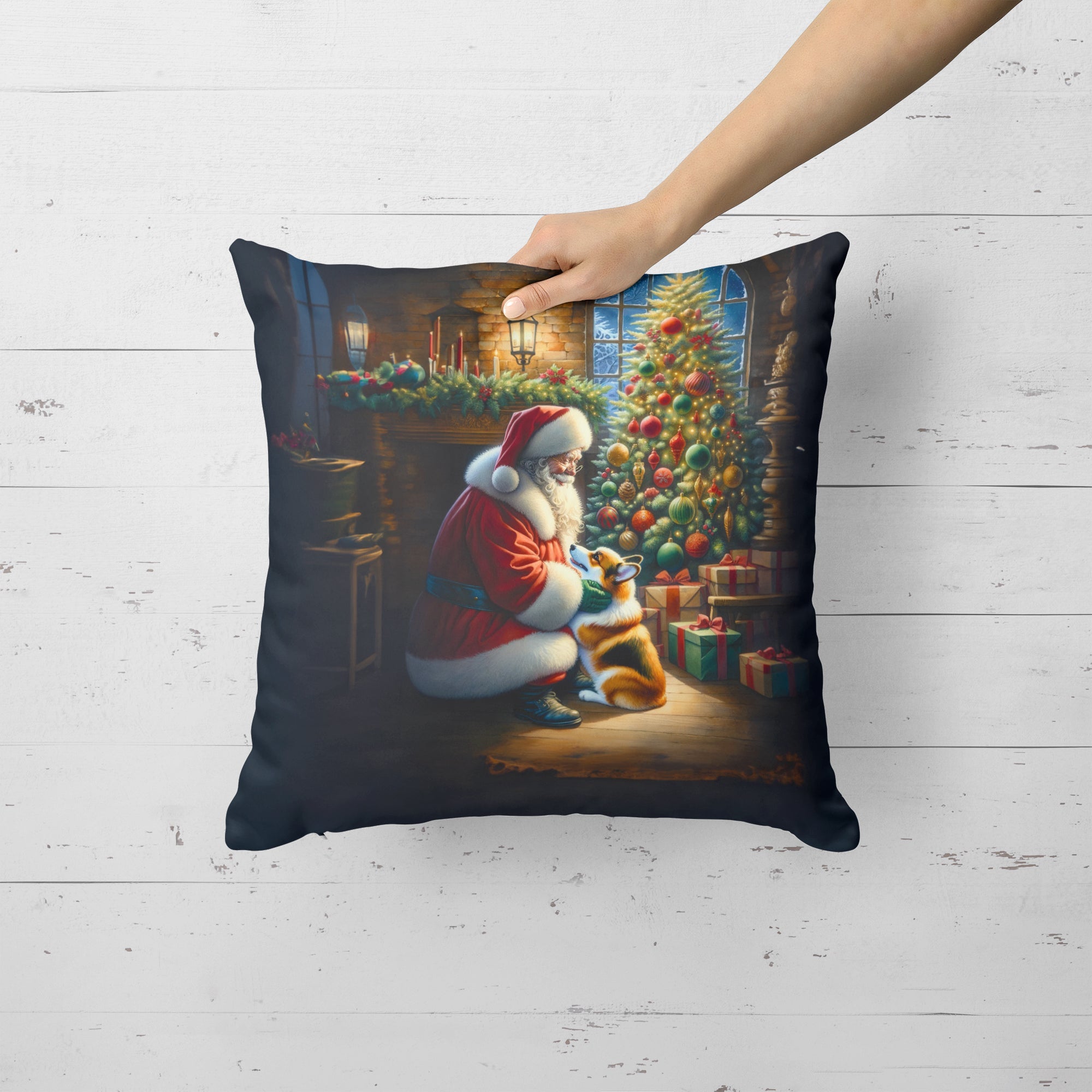 Corgi and Santa Claus Decorative Throw Pillow 18x18 Indoor Outdoor Accent Cushion, Fabric Cover with Insert for Sofa, Bed, Porch & Living Room