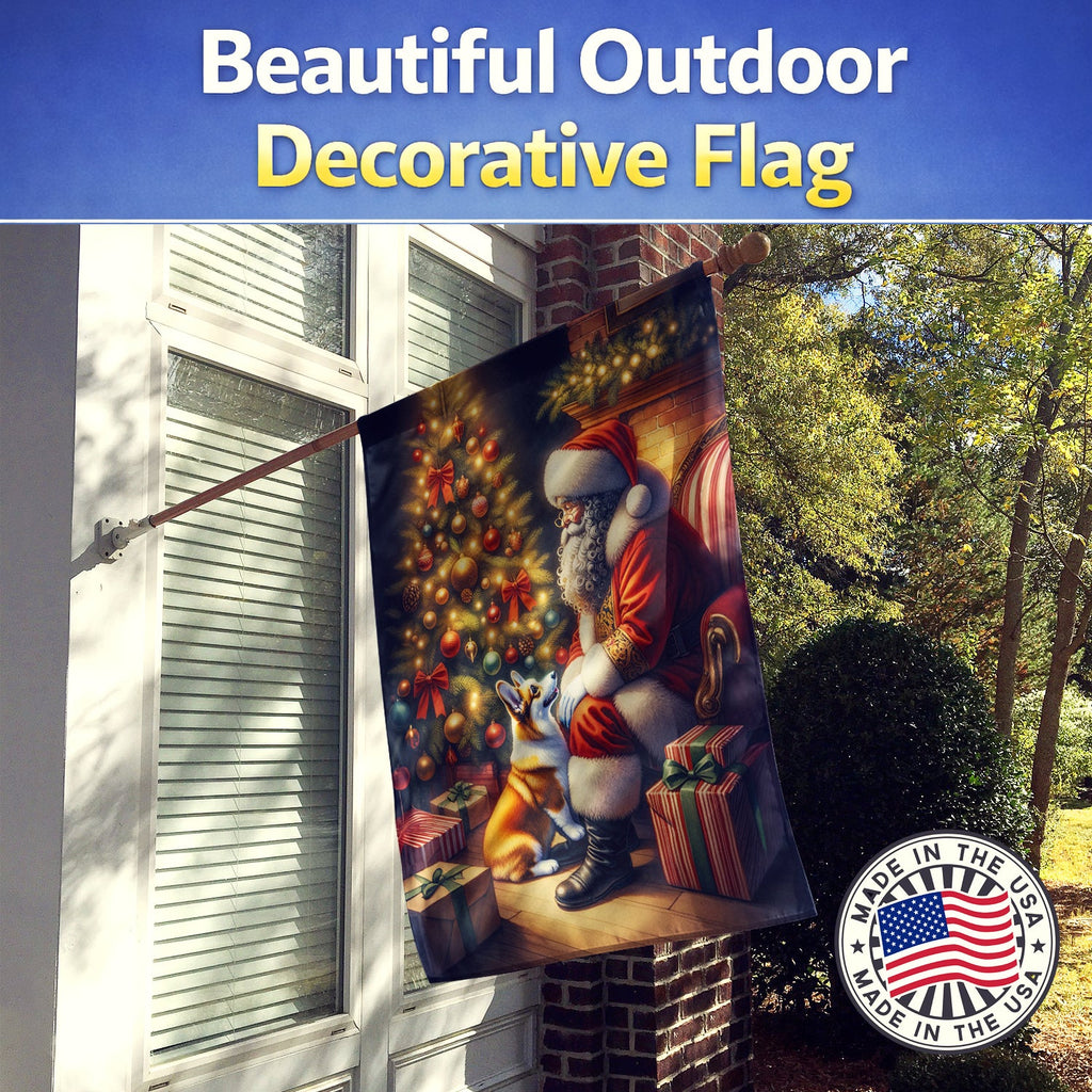 Corgi and Santa Claus House Flag 28x40 Porch Sleeve Pole Decorative Outside Yard Banner Artwork Wall Hanging, Polyester