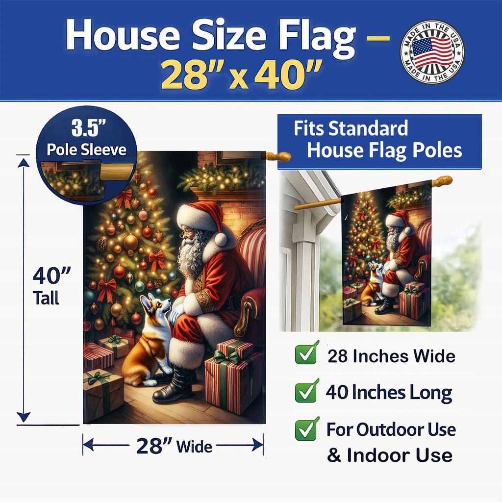 Corgi and Santa Claus House Flag 28x40 Porch Sleeve Pole Decorative Outside Yard Banner Artwork Wall Hanging, Polyester