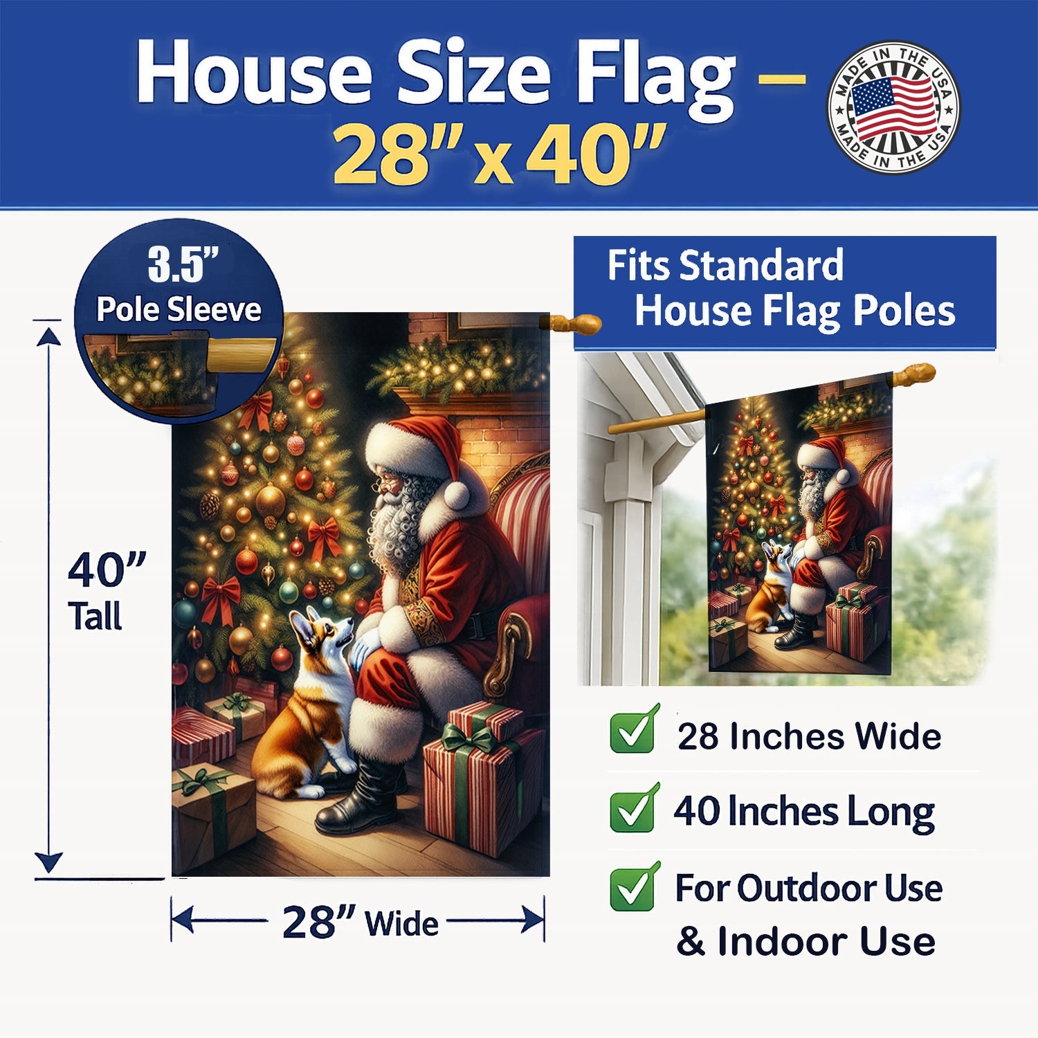 Corgi and Santa Claus House Flag 28x40 Porch Sleeve Pole Decorative Outside Yard Banner Artwork Wall Hanging, Polyester