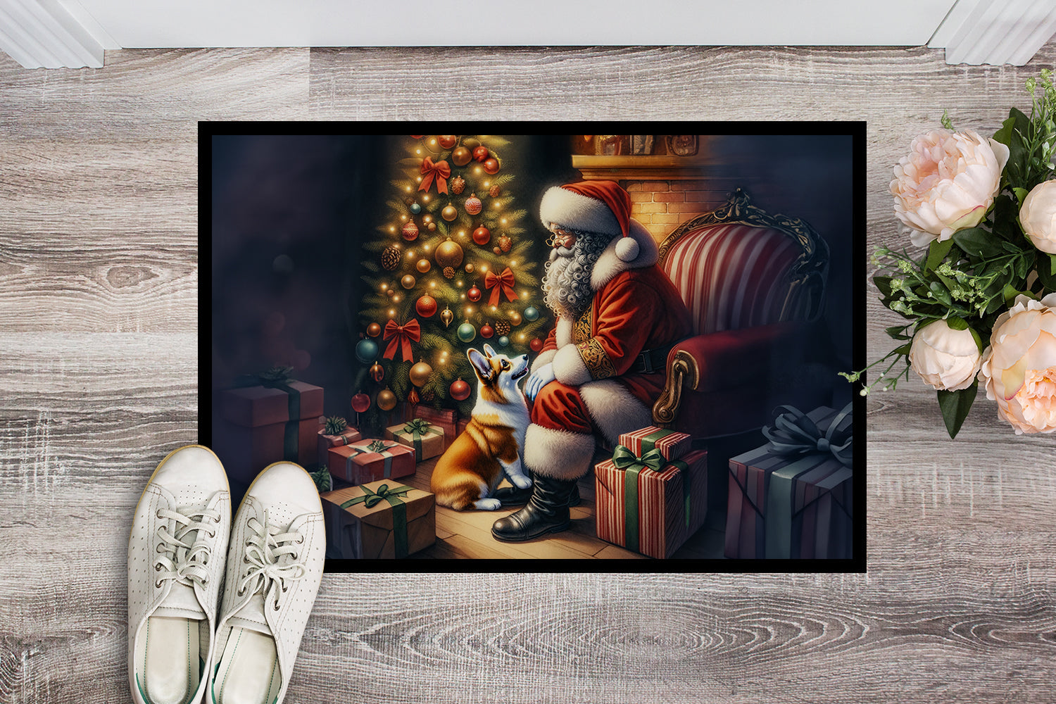 Corgi and Santa Claus Doormat Indoor Outdoor 24H X 36W Front Door Mat Rugs for Entryway, Non Slip Washable Low Pile,