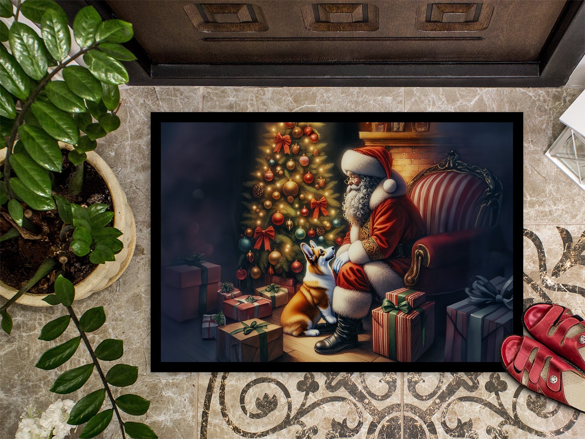 Corgi and Santa Claus Doormat Indoor Outdoor 24H X 36W Front Door Mat Rugs for Entryway, Non Slip Washable Low Pile,