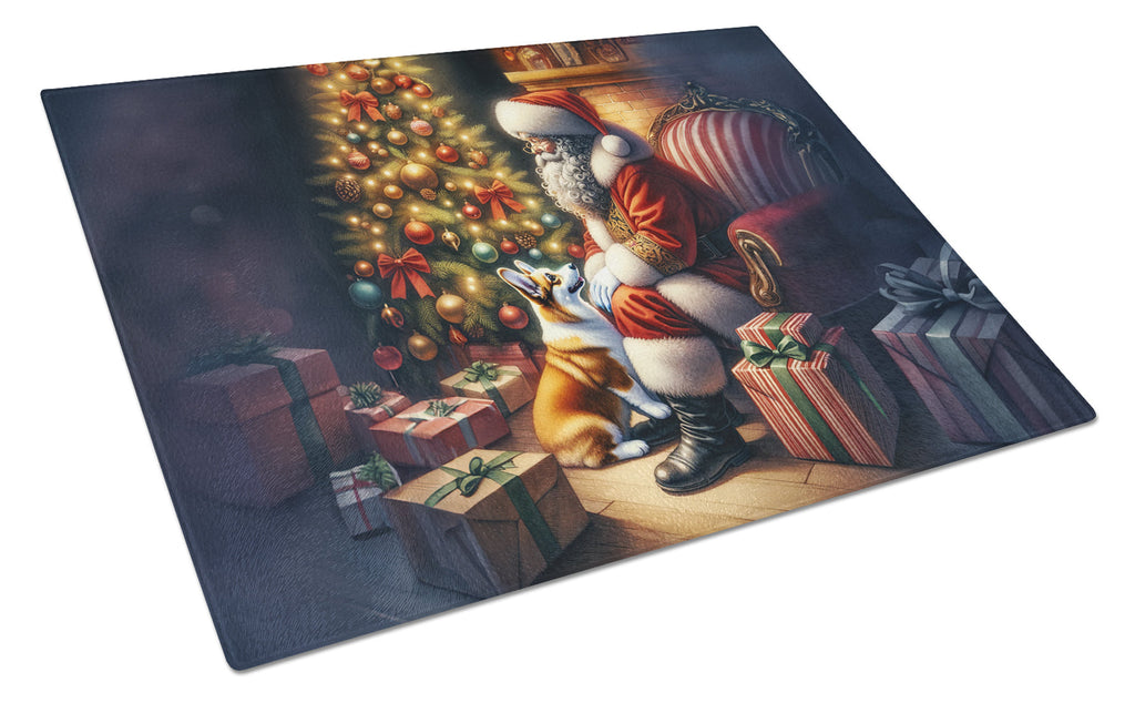Corgi and Santa Claus Cutting Board Tempered Glass Kitchen Cutting Surface, Heat Resistant Chopping, Non-Slip Feet, Food Prep & Serving