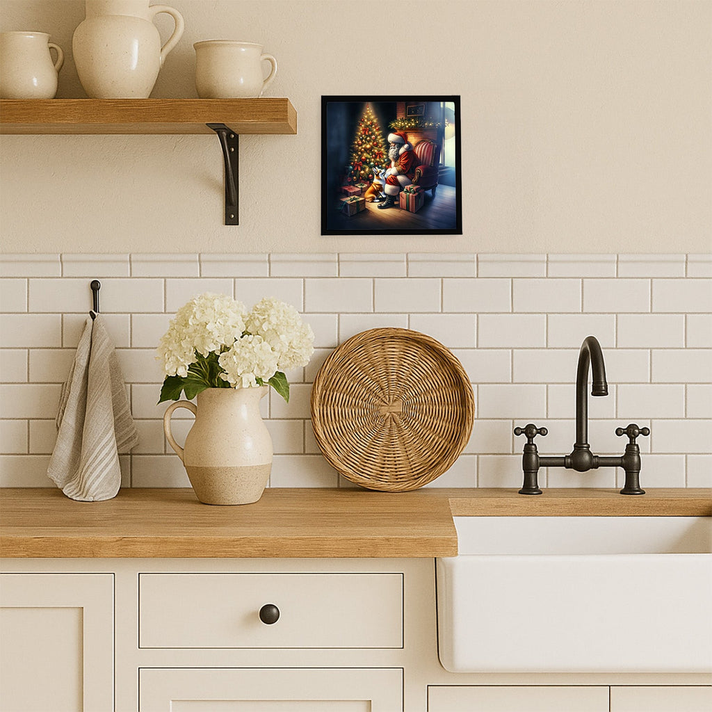 Corgi and Santa Claus Framed Metal Print Bathroom, Kitchen, Office, Home Decor Wall Art Ready to Hang, Square, 8X8