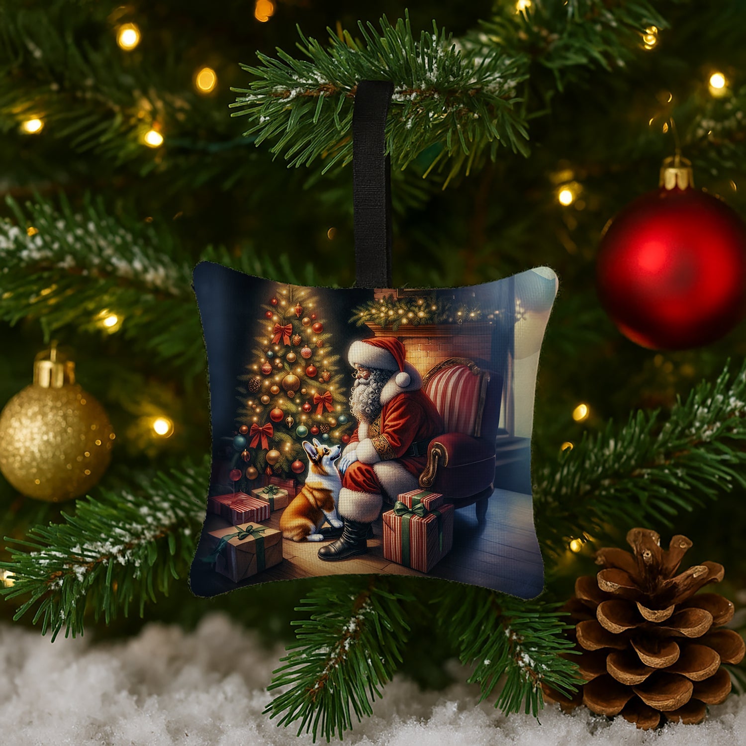 Corgi and Santa Claus Hanging Square Fabric Ornament 3.5 × 3.5 Decorative Door-Knob & Tree Hanger, Soft Fabric