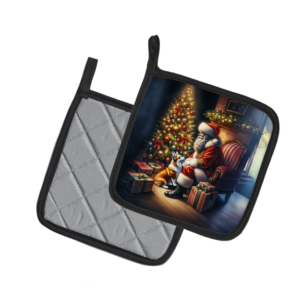 Corgi and Santa Claus Pot Holder Set of 2 Heat Resistant Quilted Hot Pads 7.5 x 7.5 Inch, Insulated Kitchen Trivets for Cooking & Baking