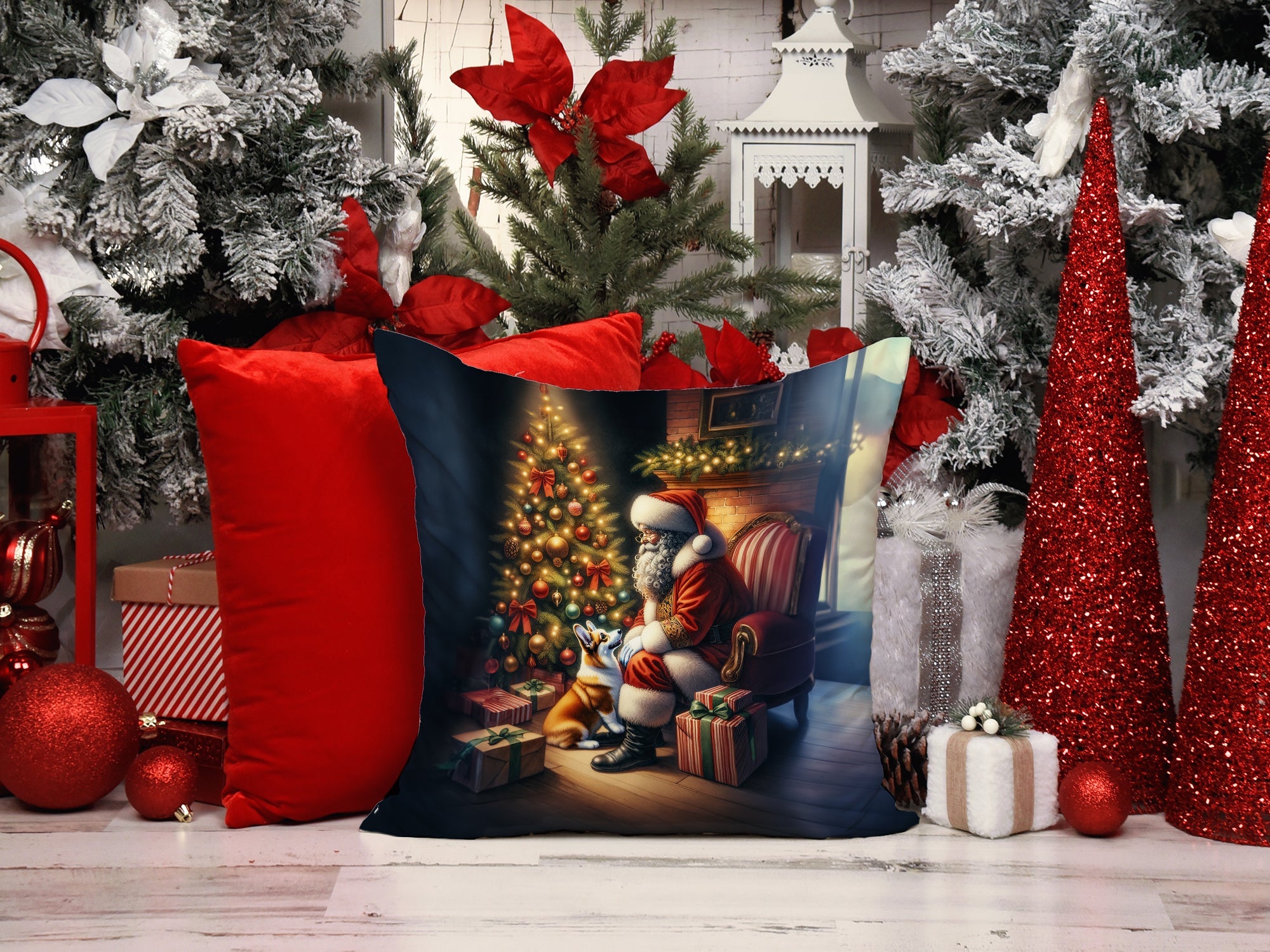 Corgi and Santa Claus Decorative Throw Pillow 14x14 Indoor Outdoor Accent Cushion, Fabric Cover with Insert for Sofa, Bed, Porch & Living Room