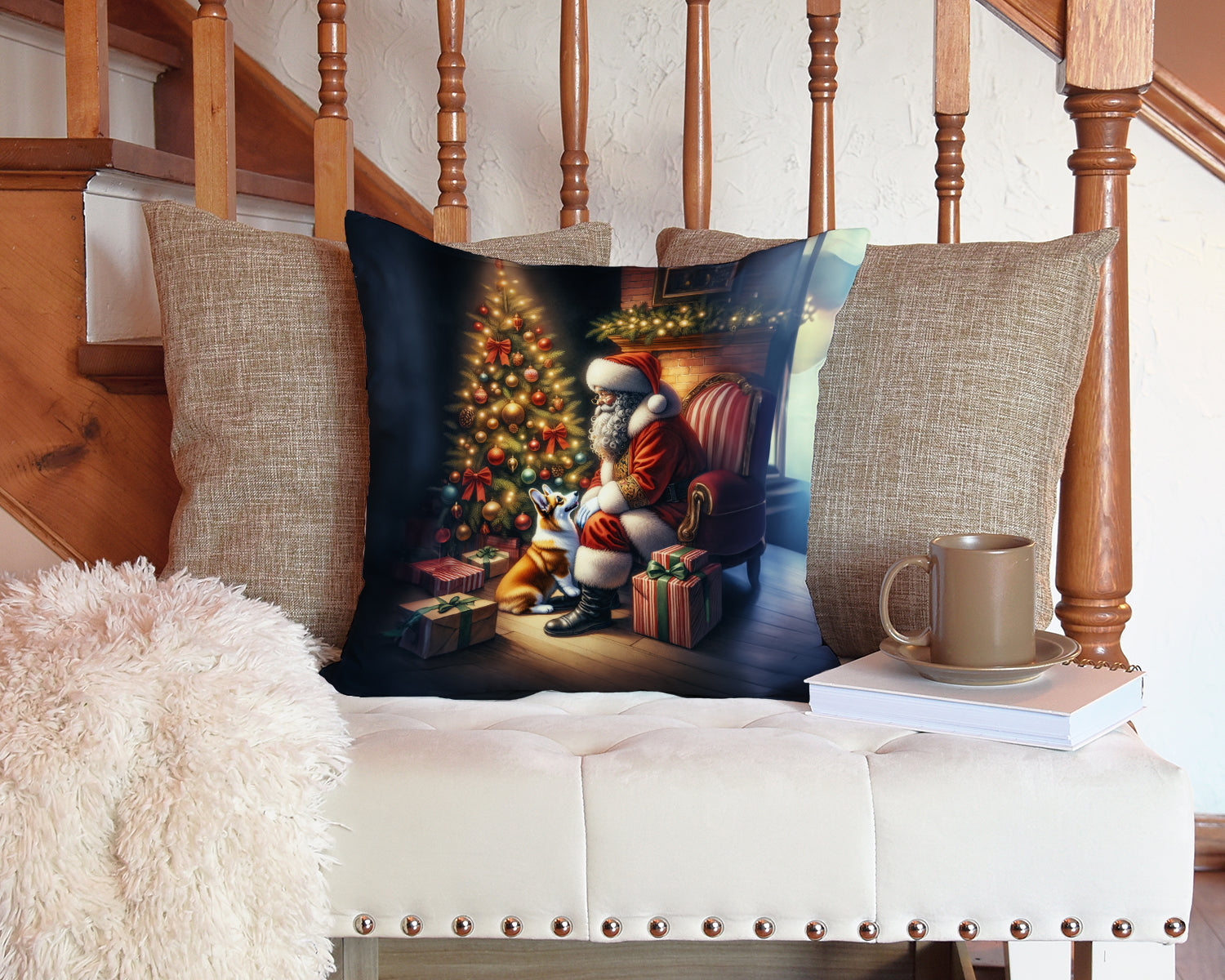 Corgi and Santa Claus Decorative Throw Pillow 14x14 Indoor Outdoor Accent Cushion, Fabric Cover with Insert for Sofa, Bed, Porch & Living Room