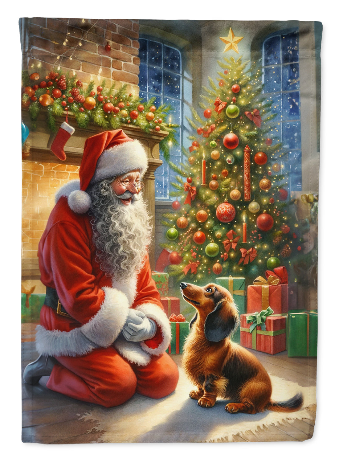 Dachshund and Santa Claus House Flag 28x40 Porch Sleeve Pole Decorative Outside Yard Banner Artwork Wall Hanging, Polyester