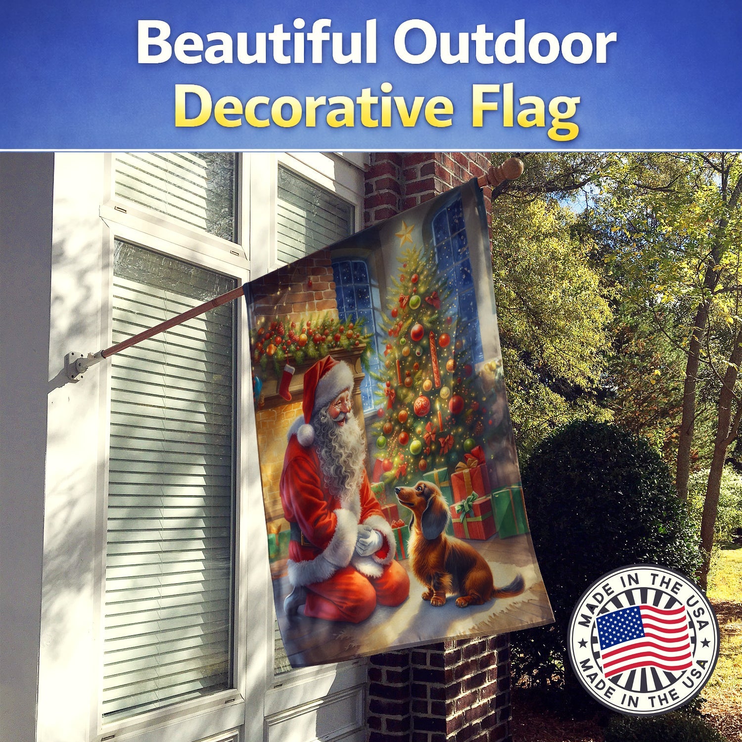 Dachshund and Santa Claus House Flag 28x40 Porch Sleeve Pole Decorative Outside Yard Banner Artwork Wall Hanging, Polyester