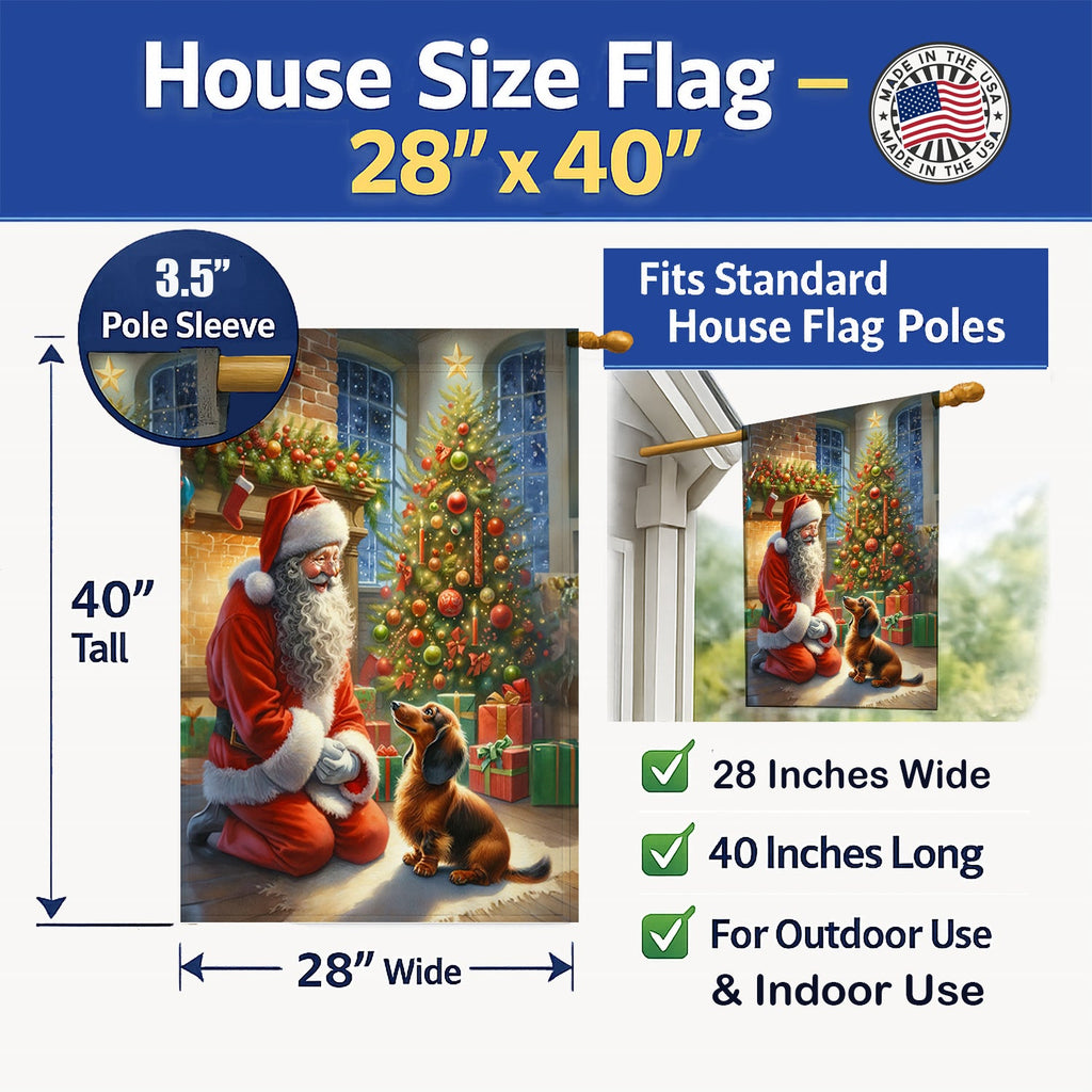 Dachshund and Santa Claus House Flag 28x40 Porch Sleeve Pole Decorative Outside Yard Banner Artwork Wall Hanging, Polyester