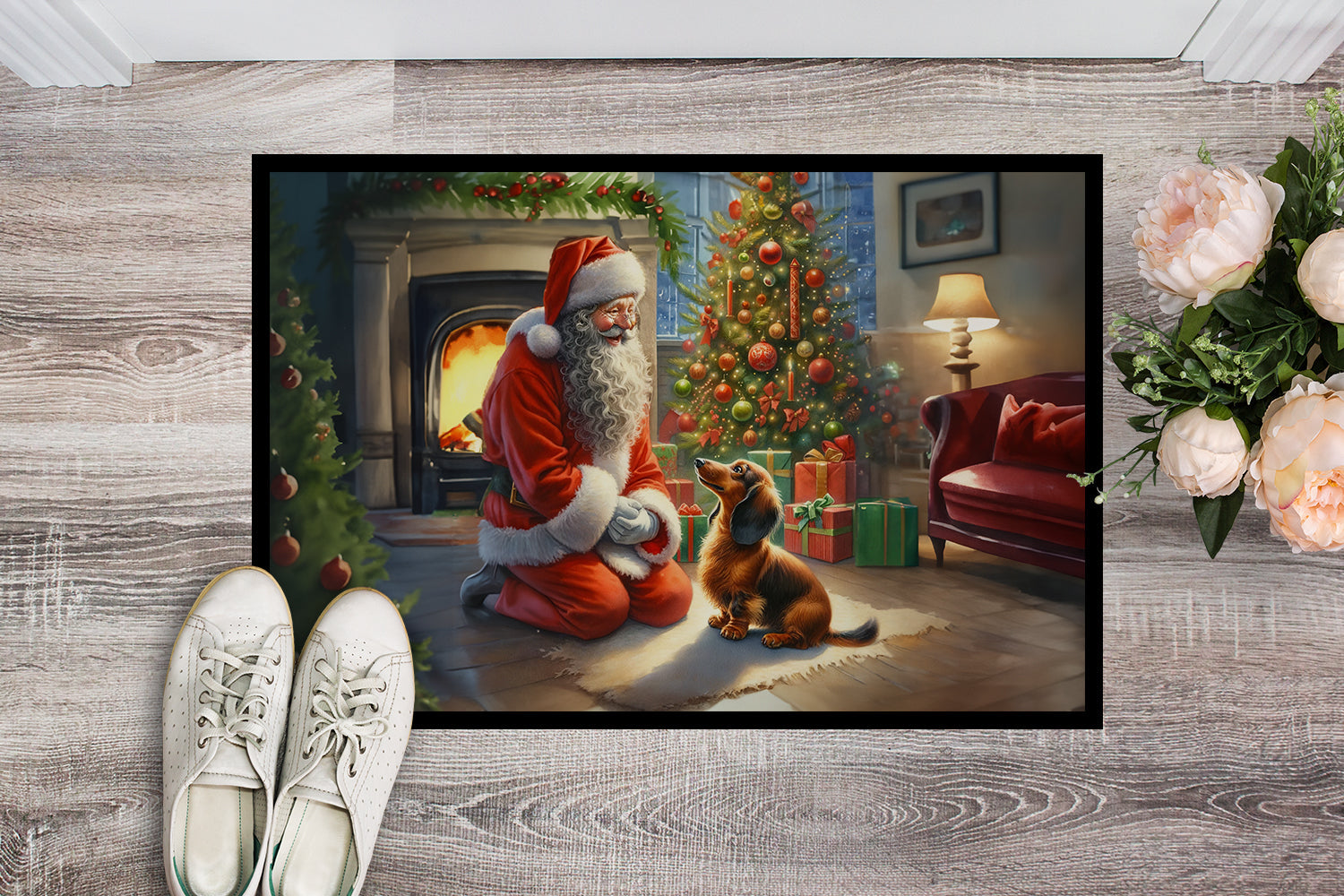 Dachshund and Santa Claus Doormat Indoor Outdoor 18H X 27W Front Door Mat Rugs for Entryway, Non Slip Washable