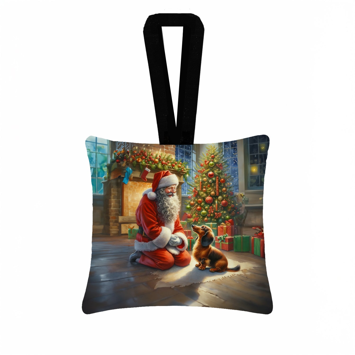 Dachshund and Santa Claus Hanging Square Fabric Ornament 3.5 × 3.5 Decorative Door-Knob & Tree Hanger, Soft Fabric