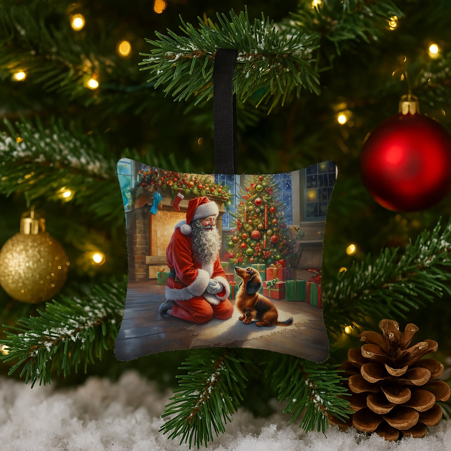 Dachshund and Santa Claus Hanging Square Fabric Ornament 3.5 × 3.5 Decorative Door-Knob & Tree Hanger, Soft Fabric