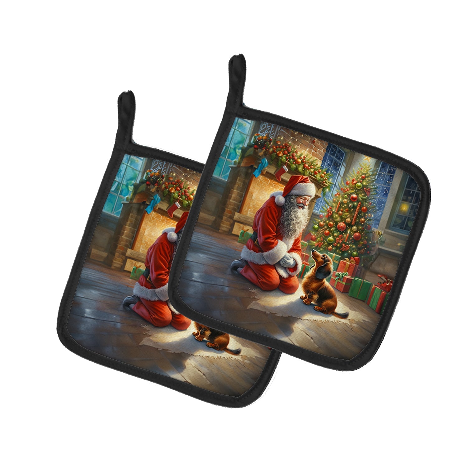 Dachshund and Santa Claus Pot Holder Set of 2 Heat Resistant Quilted Hot Pads 7.5 x 7.5 Inch, Insulated Kitchen Trivets for Cooking & Baking