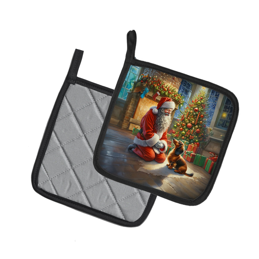 Dachshund and Santa Claus Pot Holder Set of 2 Heat Resistant Quilted Hot Pads 7.5 x 7.5 Inch, Insulated Kitchen Trivets for Cooking & Baking