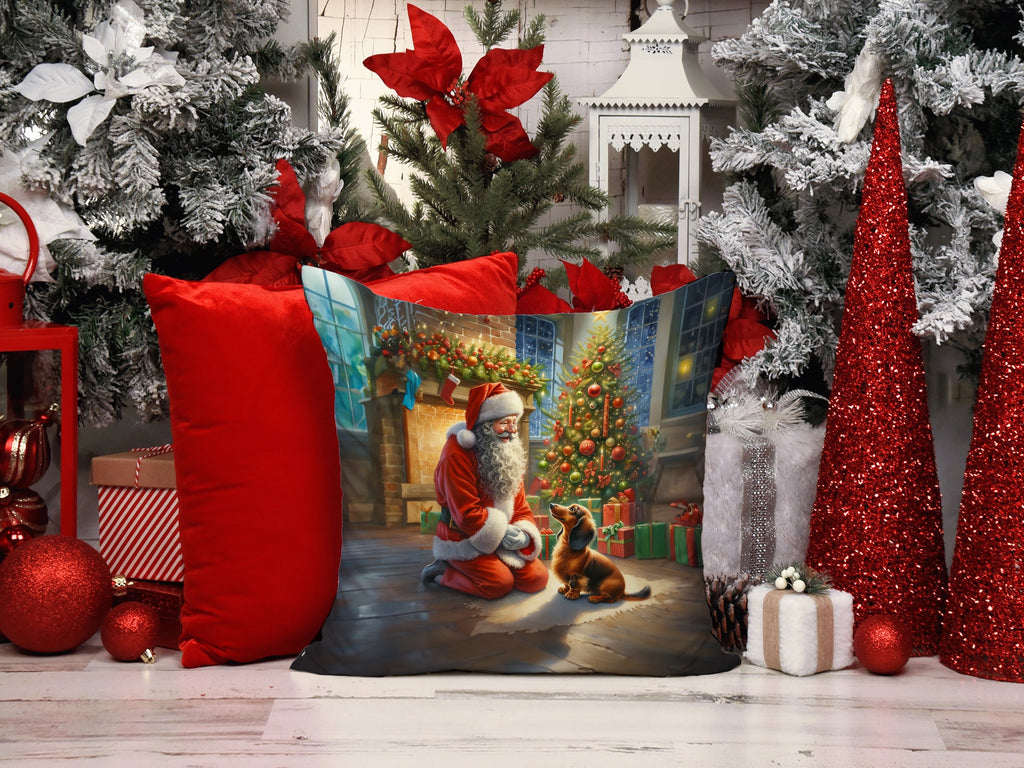 Dachshund and Santa Claus Decorative Throw Pillow 14x14 Indoor Outdoor Accent Cushion, Fabric Cover with Insert for Sofa, Bed, Porch & Living Room