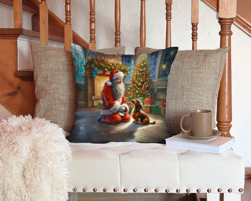 Dachshund and Santa Claus Decorative Throw Pillow 14x14 Indoor Outdoor Accent Cushion, Fabric Cover with Insert for Sofa, Bed, Porch & Living Room
