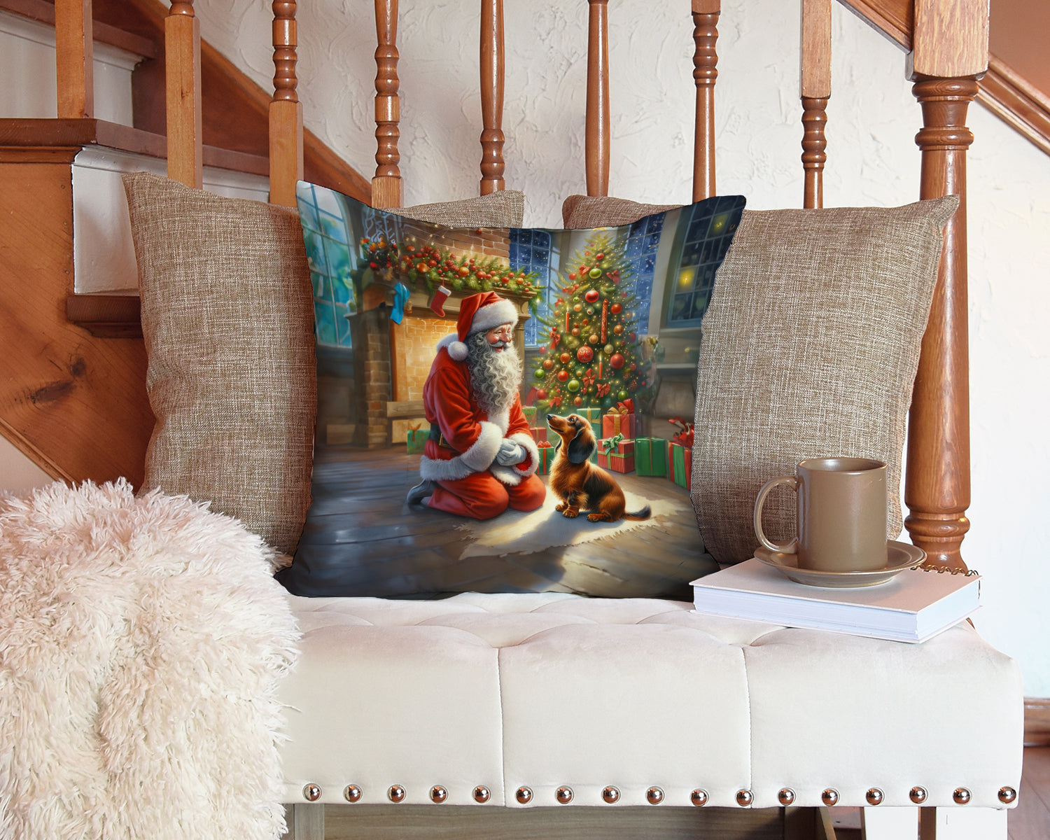 Dachshund and Santa Claus Decorative Throw Pillow 14x14 Indoor Outdoor Accent Cushion, Fabric Cover with Insert for Sofa, Bed, Porch & Living Room