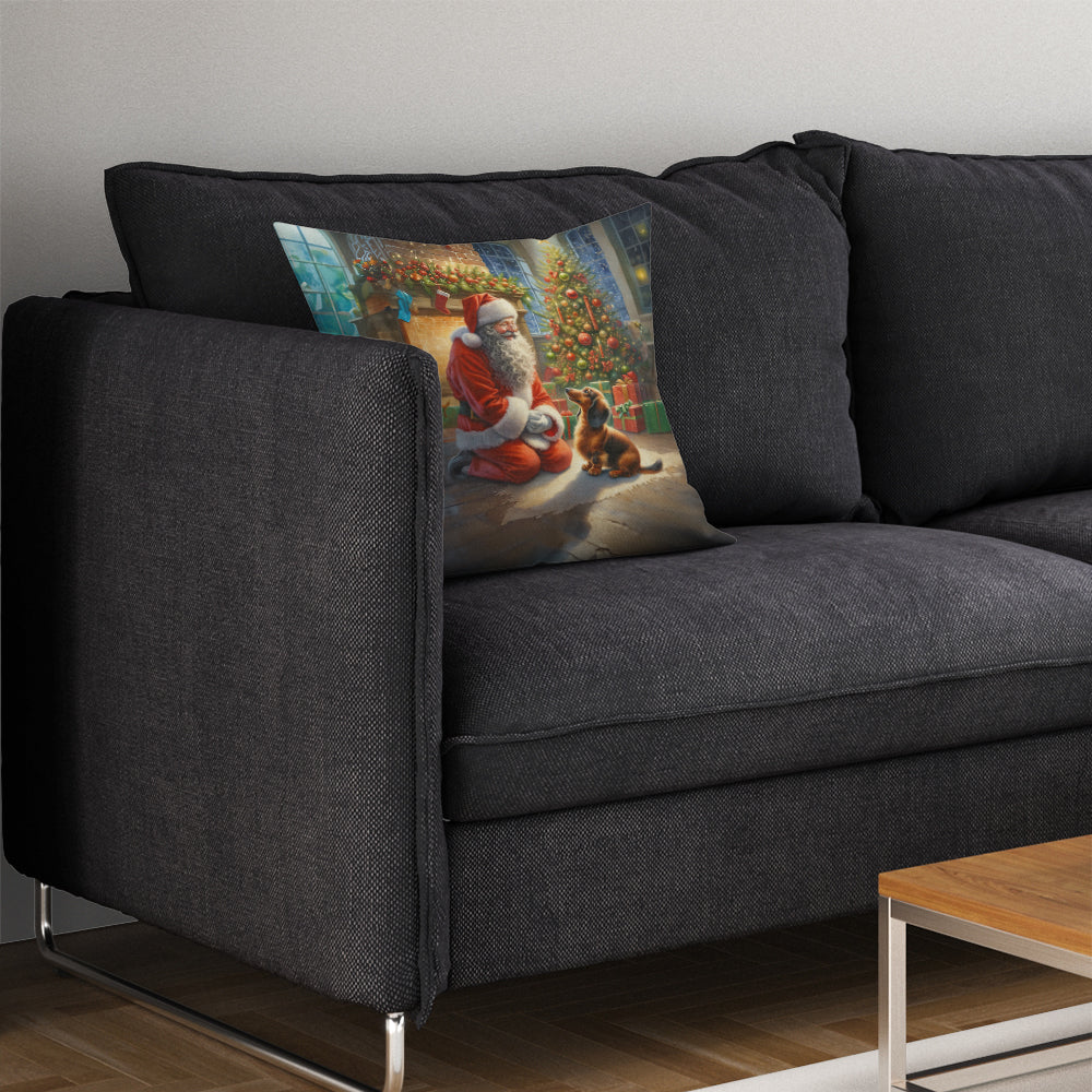 Dachshund and Santa Claus Decorative Throw Pillow 14x14 Indoor Outdoor Accent Cushion, Fabric Cover with Insert for Sofa, Bed, Porch & Living Room