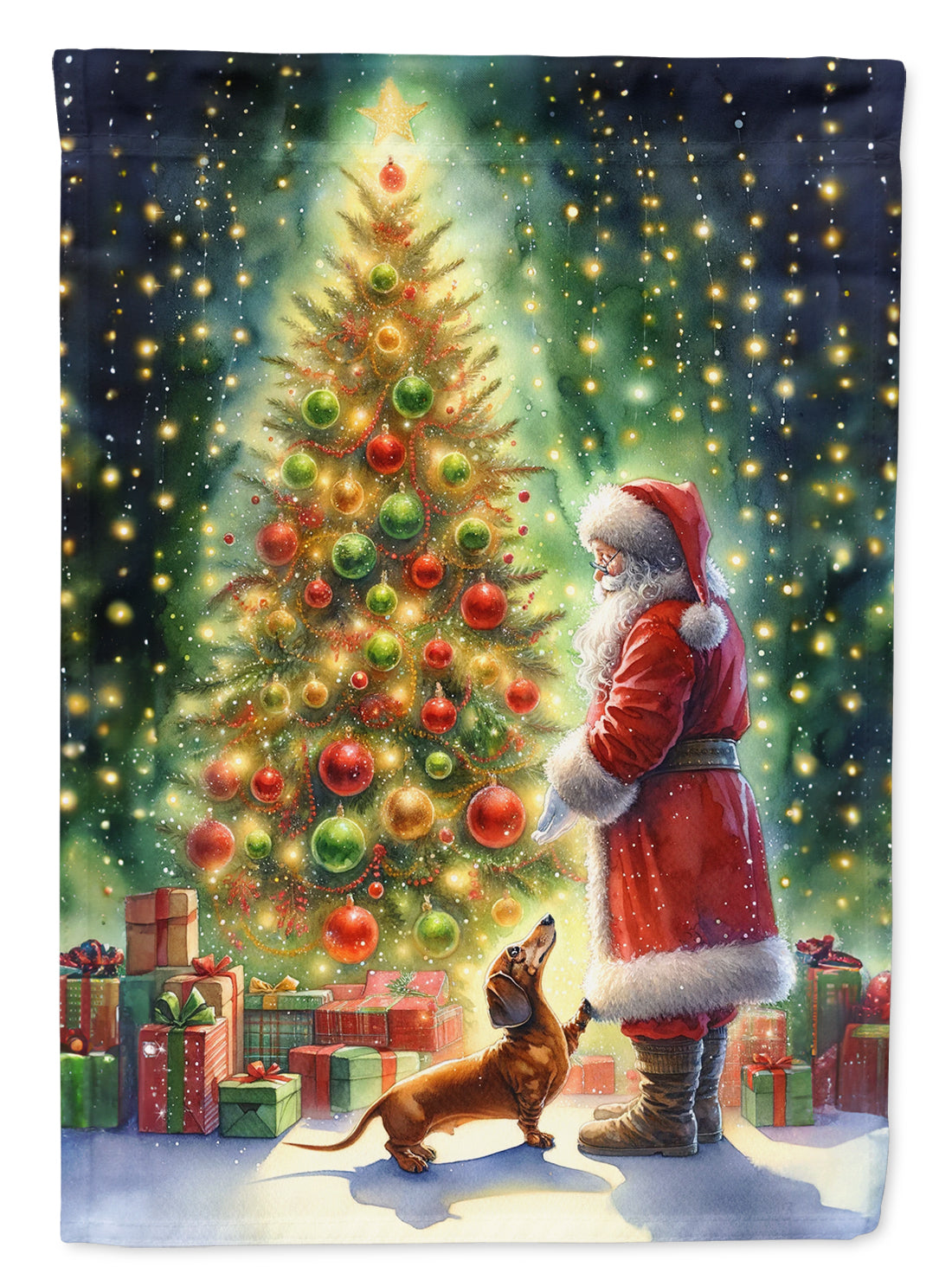 Dachshund and Santa Claus House Flag 28x40 Porch Sleeve Pole Decorative Outside Yard Banner Artwork Wall Hanging, Polyester