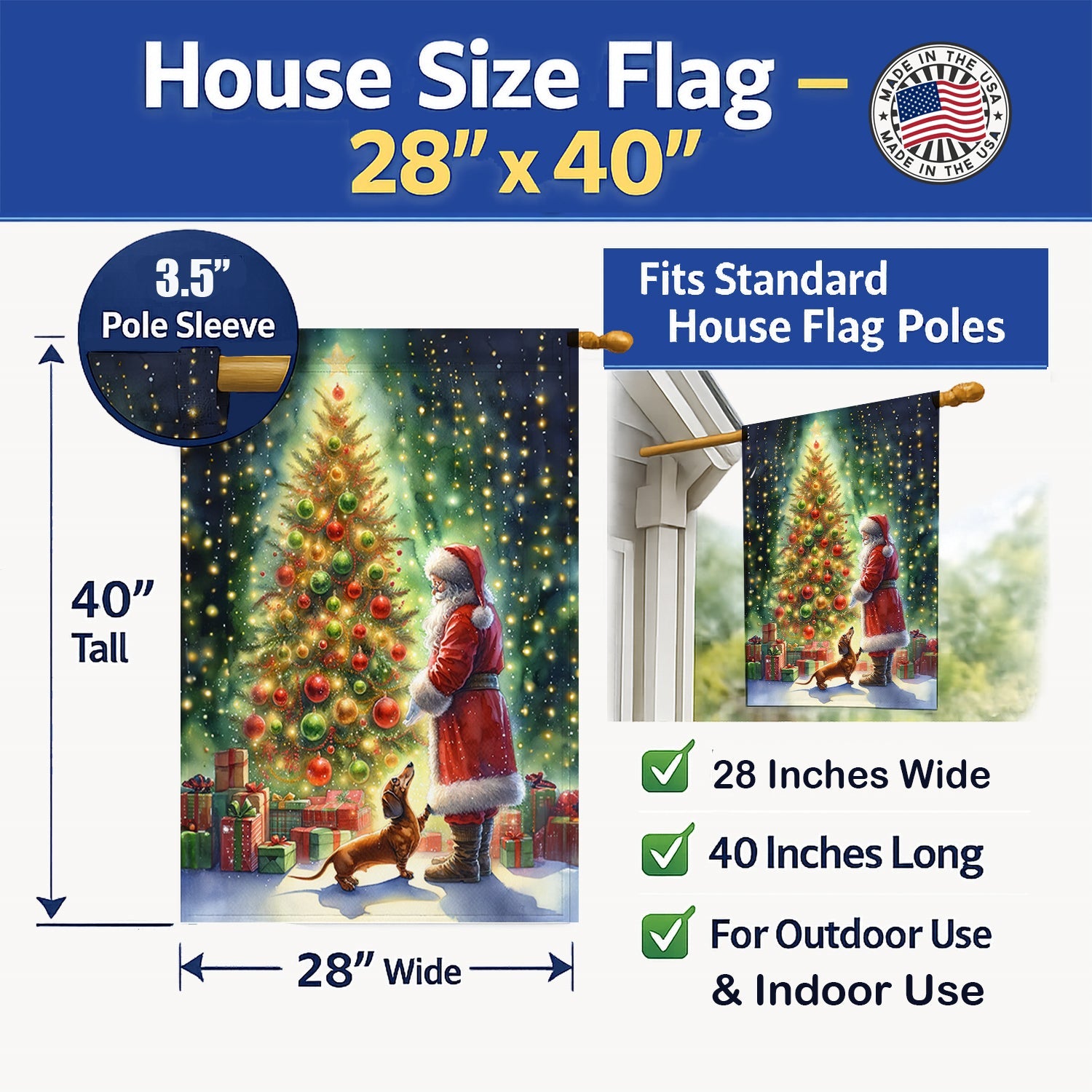 Dachshund and Santa Claus House Flag 28x40 Porch Sleeve Pole Decorative Outside Yard Banner Artwork Wall Hanging, Polyester