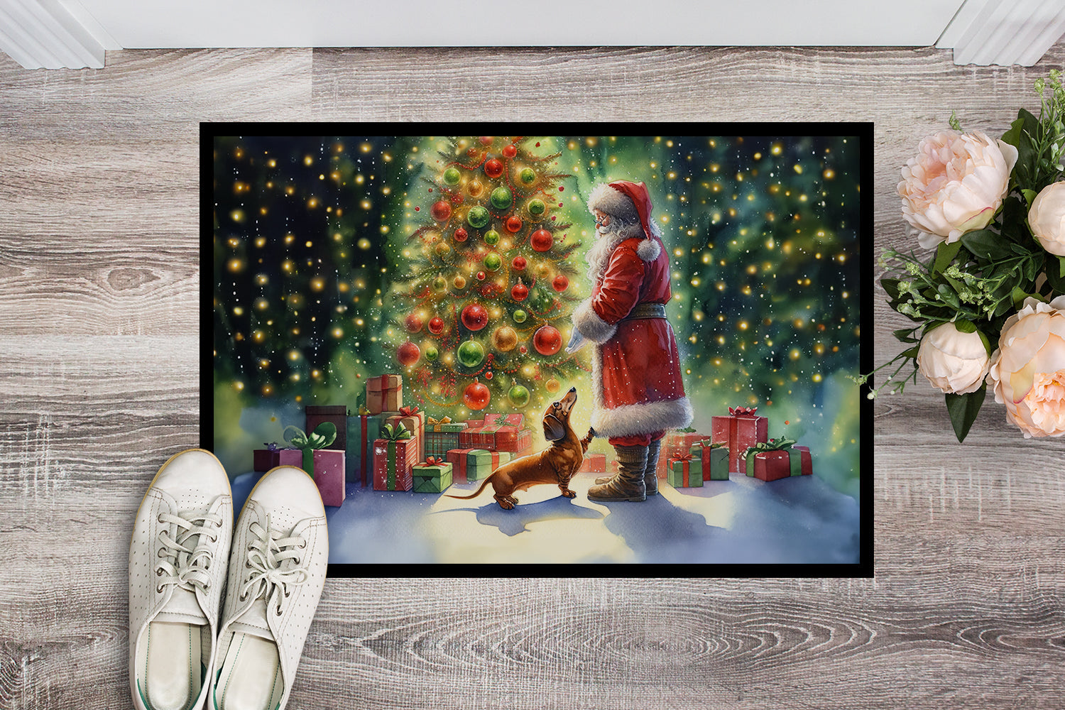 Dachshund and Santa Claus Doormat Indoor Outdoor 24H X 36W Front Door Mat Rugs for Entryway, Non Slip Washable Low Pile,