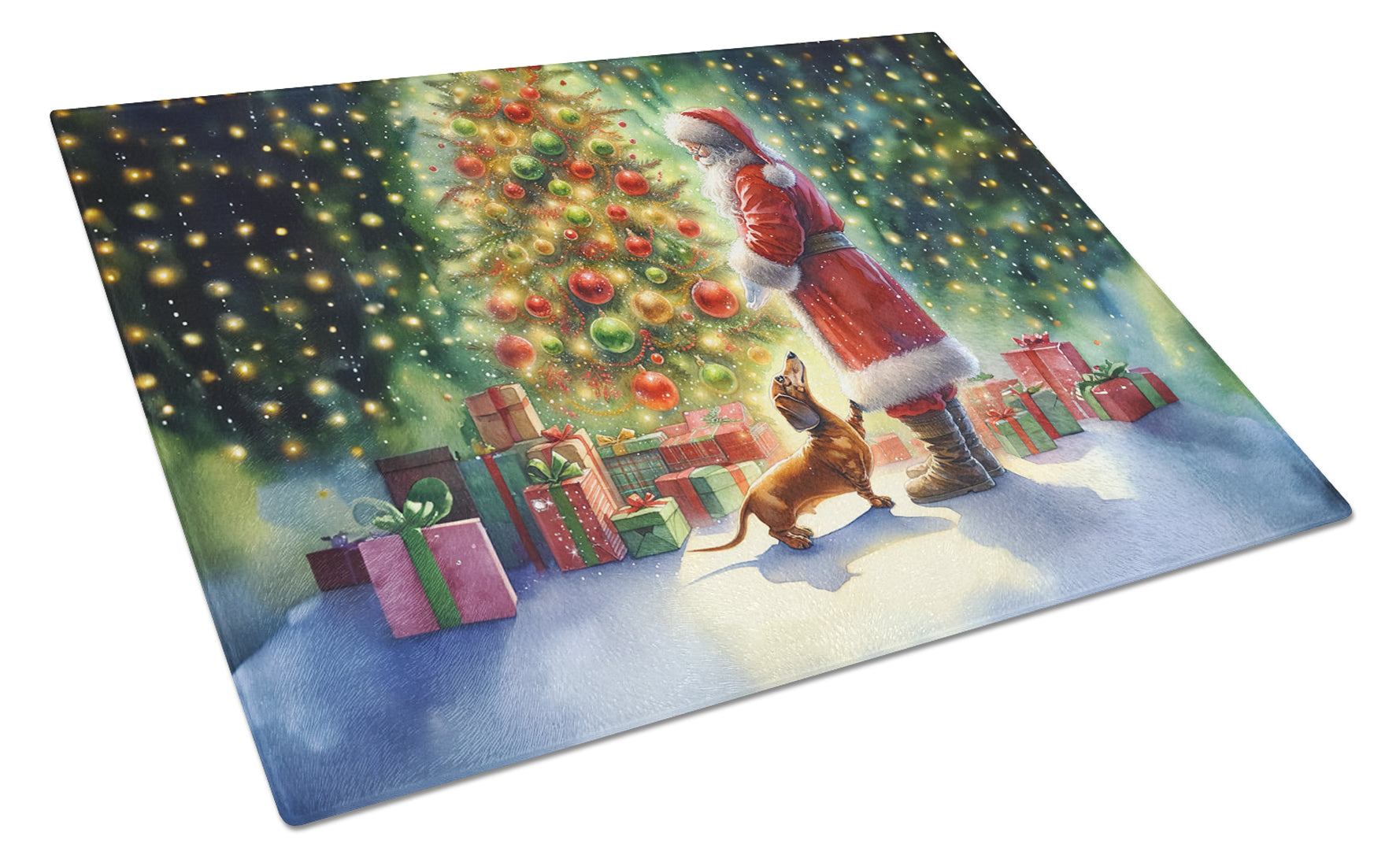 Dachshund and Santa Claus Cutting Board Tempered Glass Kitchen Cutting Surface, Heat Resistant Chopping, Non-Slip Feet, Food Prep & Serving