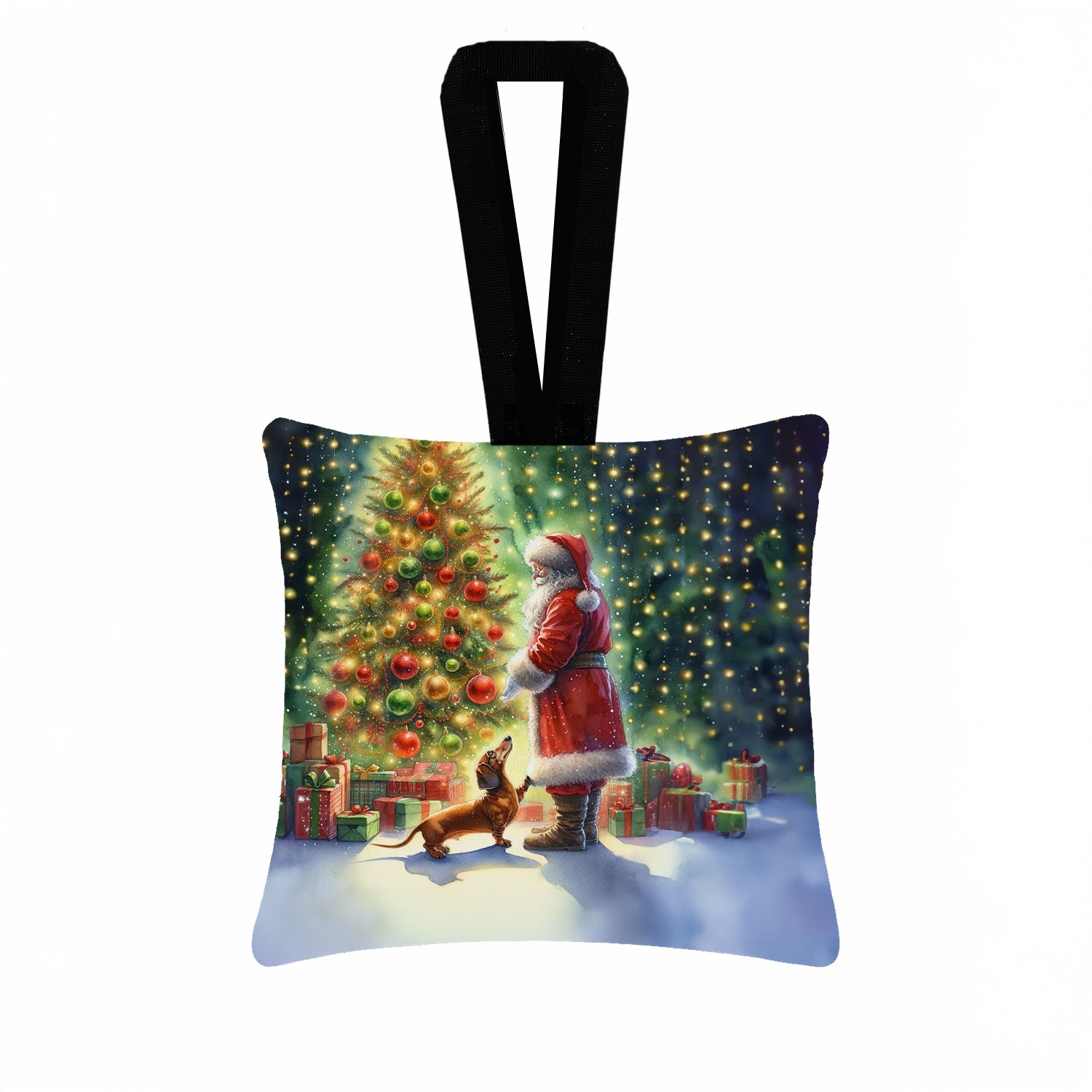 Dachshund and Santa Claus Hanging Square Fabric Ornament 3.5 × 3.5 Decorative Door-Knob & Tree Hanger, Soft Fabric