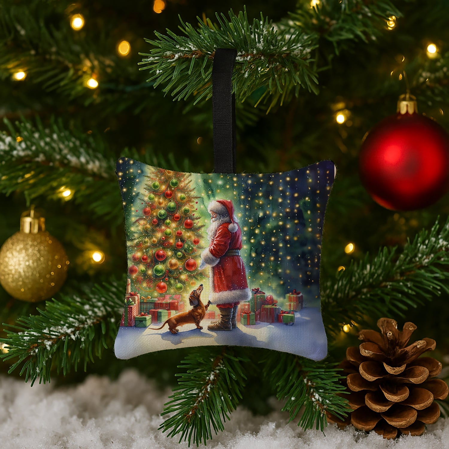 Dachshund and Santa Claus Hanging Square Fabric Ornament 3.5 × 3.5 Decorative Door-Knob & Tree Hanger, Soft Fabric