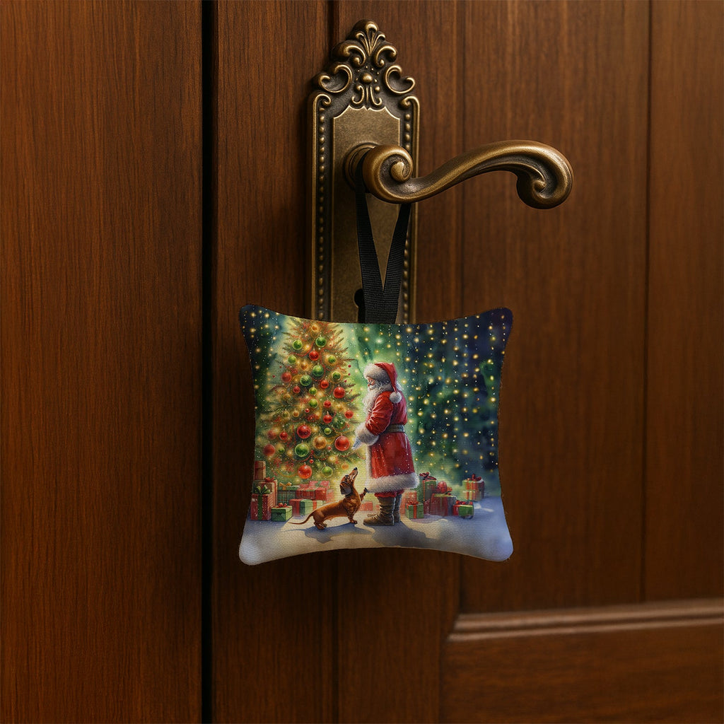 Dachshund and Santa Claus Hanging Square Fabric Ornament 3.5 × 3.5 Decorative Door-Knob & Tree Hanger, Soft Fabric