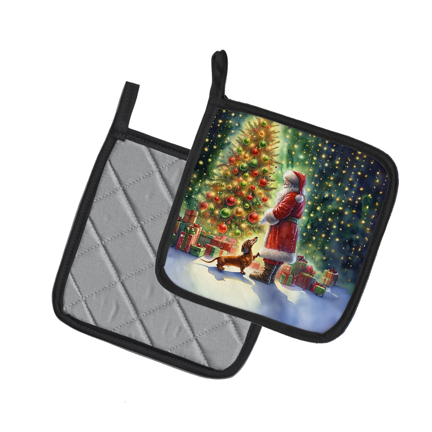 Dachshund and Santa Claus Pot Holder Set of 2 Heat Resistant Quilted Hot Pads 7.5 x 7.5 Inch, Insulated Kitchen Trivets for Cooking & Baking