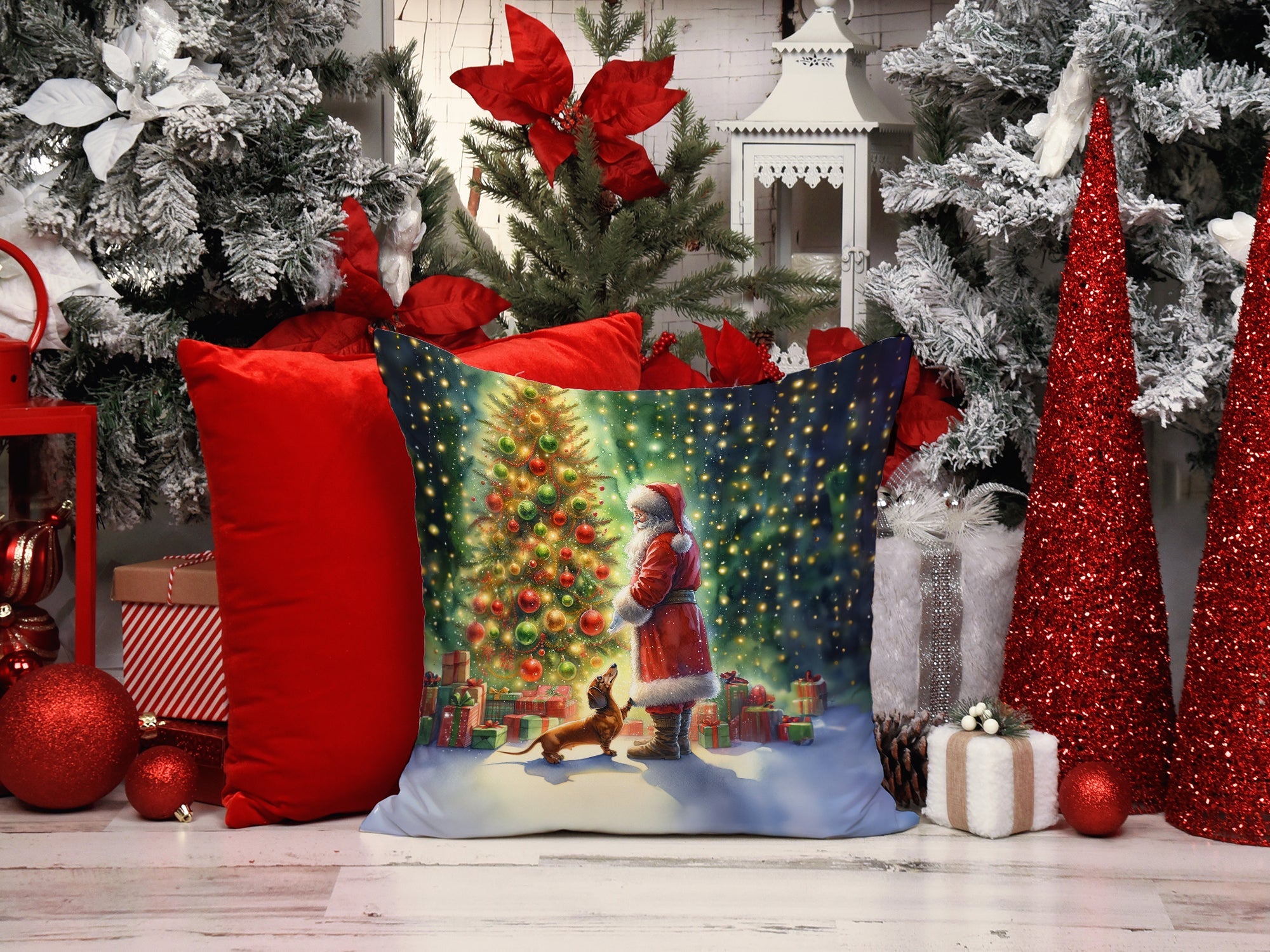 Dachshund and Santa Claus Decorative Throw Pillow 14x14 Indoor Outdoor Accent Cushion, Fabric Cover with Insert for Sofa, Bed, Porch & Living Room