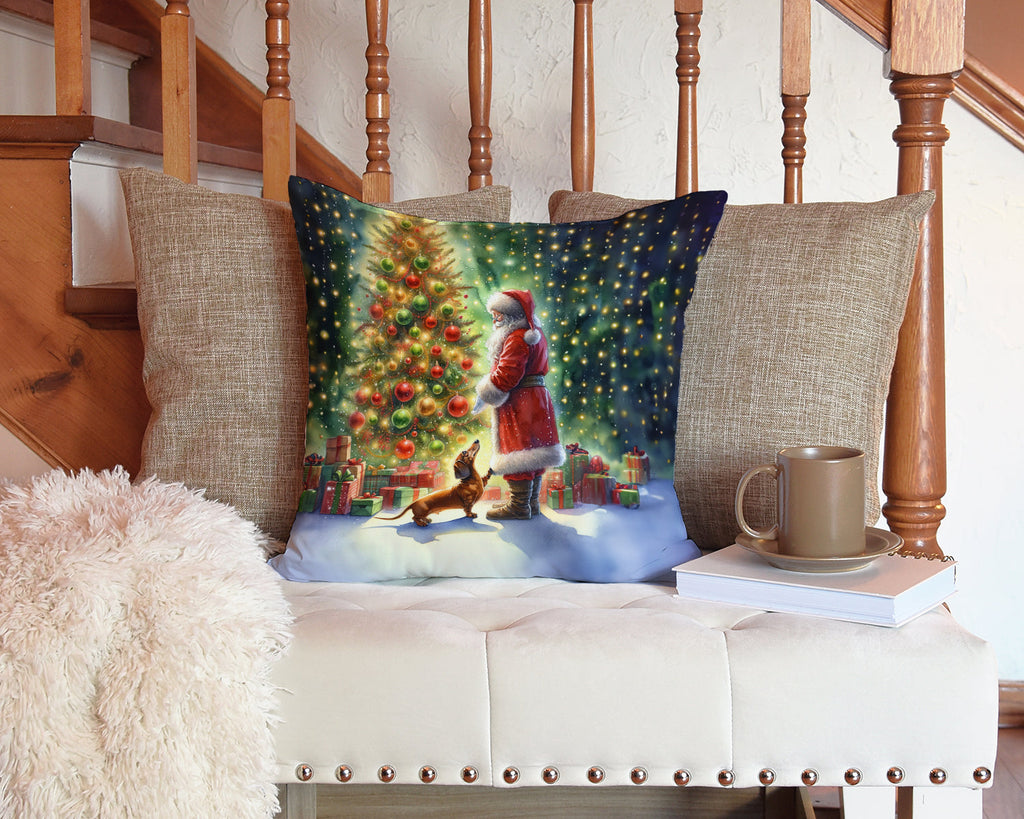 Dachshund and Santa Claus Decorative Throw Pillow 14x14 Indoor Outdoor Accent Cushion, Fabric Cover with Insert for Sofa, Bed, Porch & Living Room