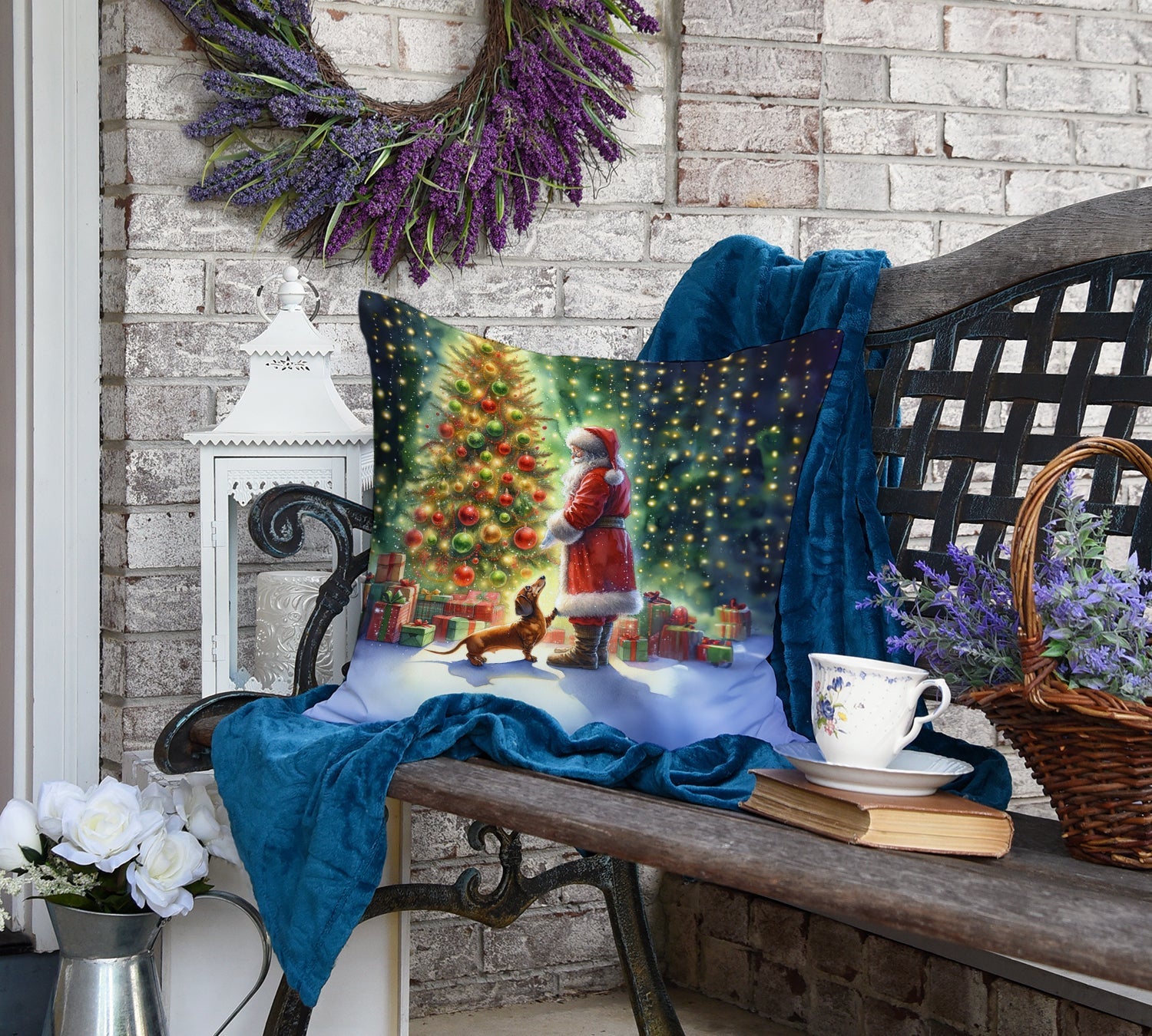 Dachshund and Santa Claus Decorative Throw Pillow 18x18 Indoor Outdoor Accent Cushion, Fabric Cover with Insert for Sofa, Bed, Porch & Living Room