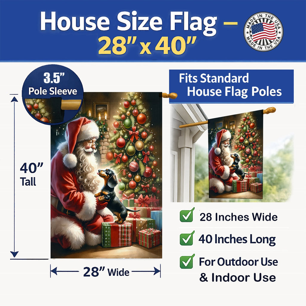 Dachshund and Santa Claus House Flag 28x40 Porch Sleeve Pole Decorative Outside Yard Banner Artwork Wall Hanging, Polyester